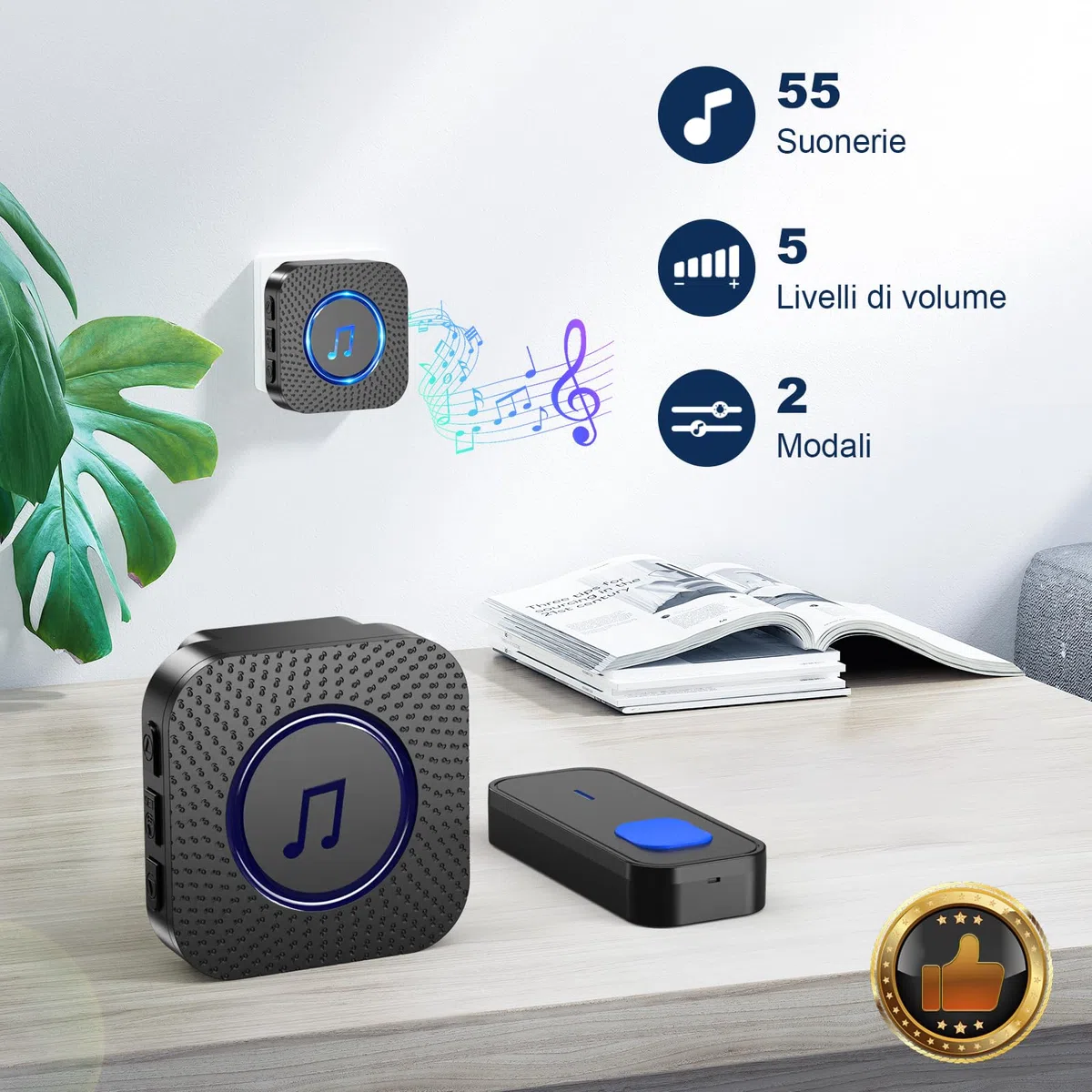 SURFOU Campanello Senza Fili da Esterno Interno, Campanello Casa Wireless Pulsante a Lunga Distanza di 400m, 55 Suonerie, 5 Volumi Selezionabili (2 nero ricevitore + 1 nero trasmettitore)
