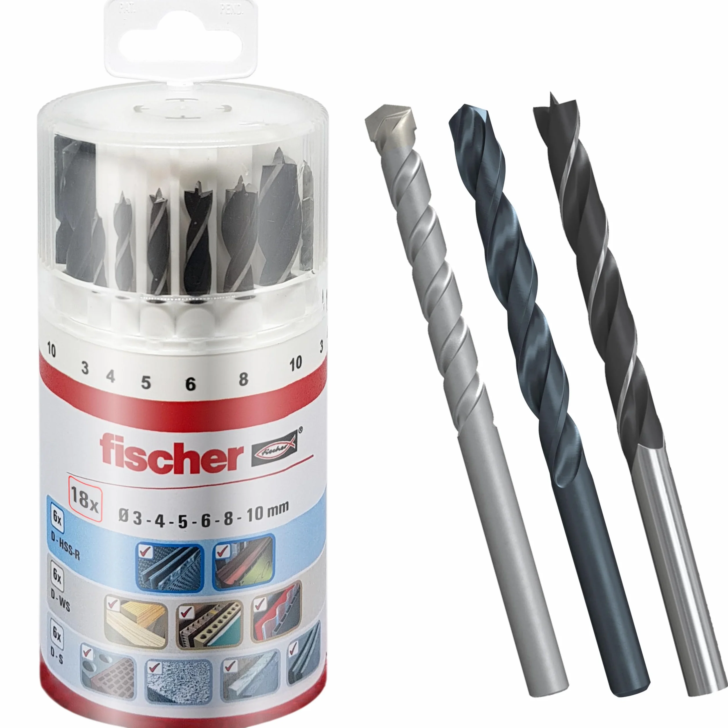 Fischer Kit di Punte Professionale per Trapano 18 Pezzi, Versatili per Muro, Legno, Metallo, Set Assortito con Diametri da 3 a 10mm, Alta Qualità e Durata, per Fai-Da-Te e Professionisti, 530667