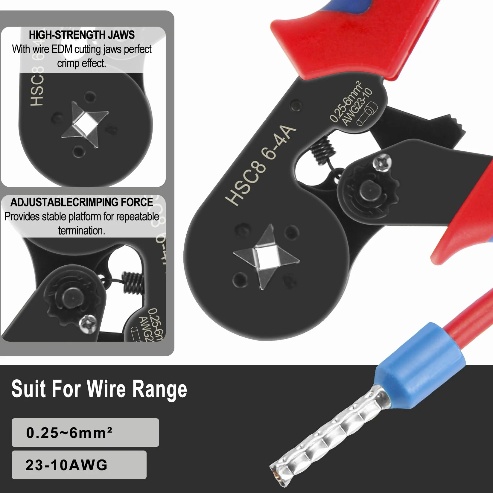 Heschen Pinza per pinze HSC8 6-4 Mini Strumenti di pinzatura auto-registrabili Utilizzare per cavo da 0,25-6,0 mm² (23-10 AWG) Cavo a filo metallico a nastro Rosso