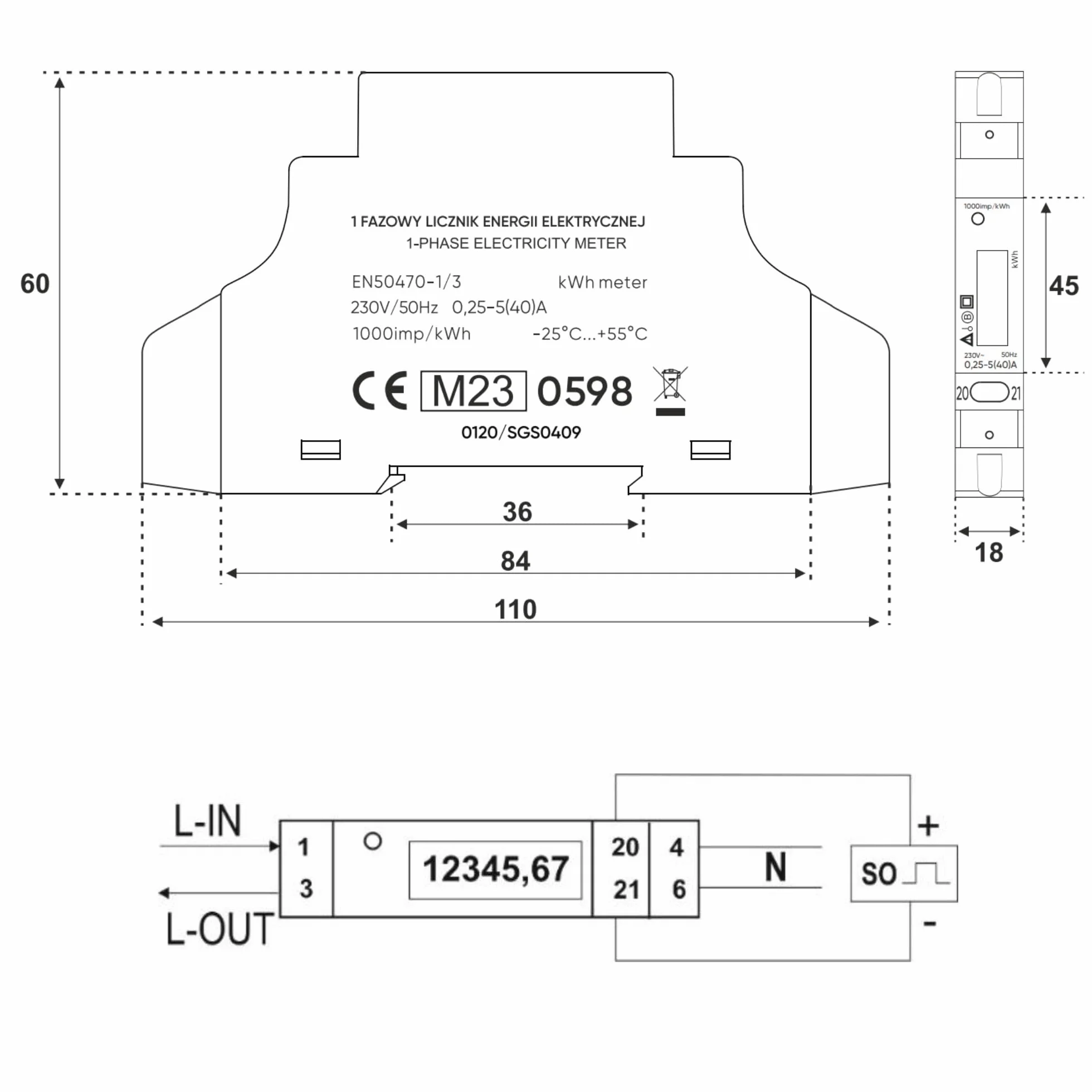 Contatore Energia Elettrica Monofase 1 Modulo 40A MID Illuminato DIN TH-35mm, Contatore a Defalco/Contatore di Sottrazione