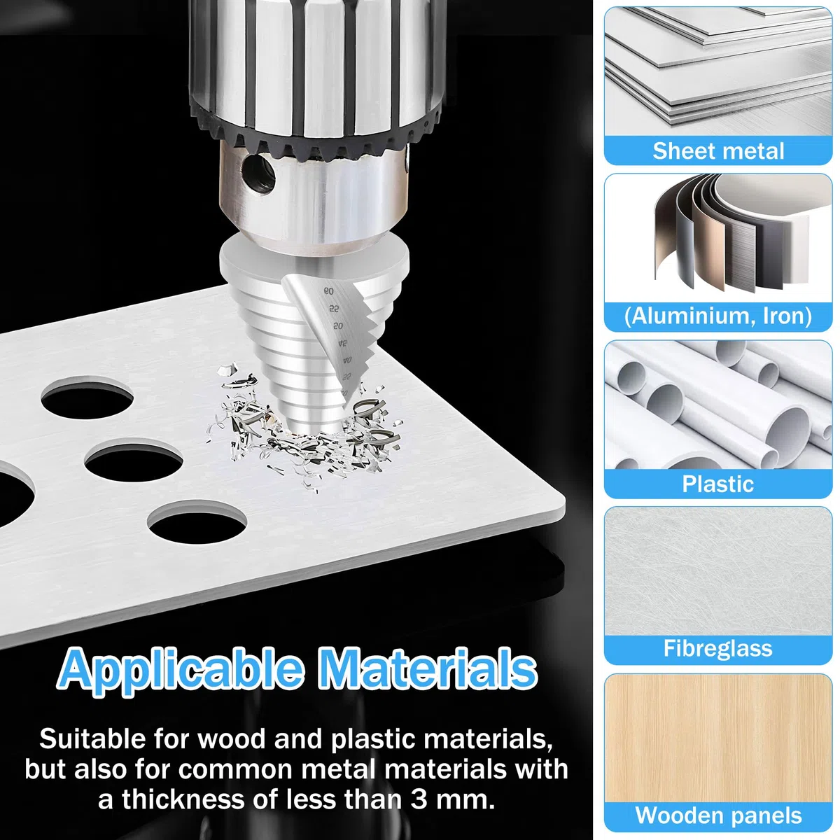 JIZZU Fresa Conica Ø 6-60mm, Acciaio Rapido (HSS), Punta a Gradini 60mm 12 Livelli, Rivestito in Titanio, Punta Conica Trapano, per Legno, Plastica, Lamiere Metalliche (3mm)