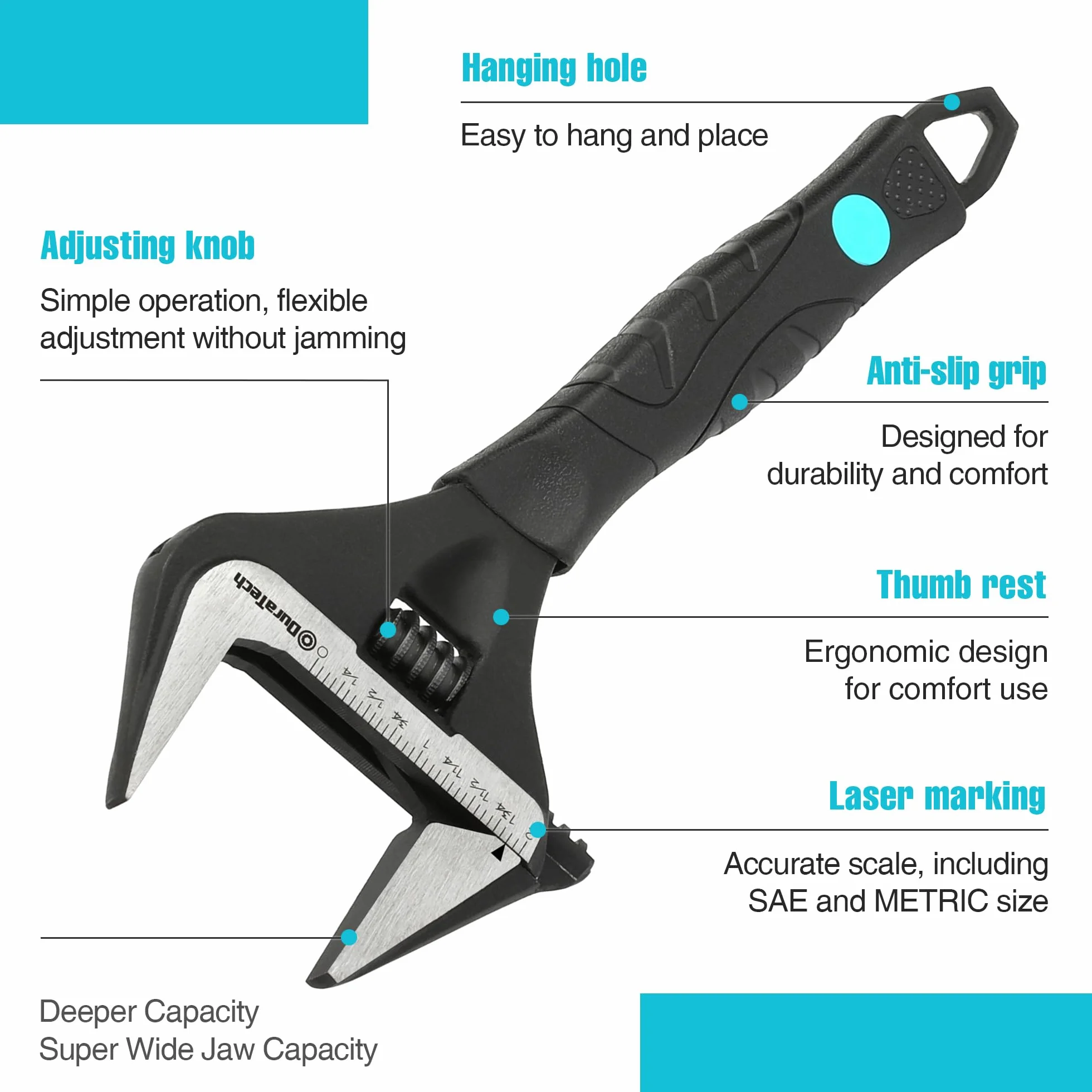 DURATECH Chiave regolabile da 10"/250mm, ampia ganascia con grande apertura, strumento di riparazione manuale per bacini idraulici, acciaio CR-V, scala SAE e metrica, impugnatura ergonomica