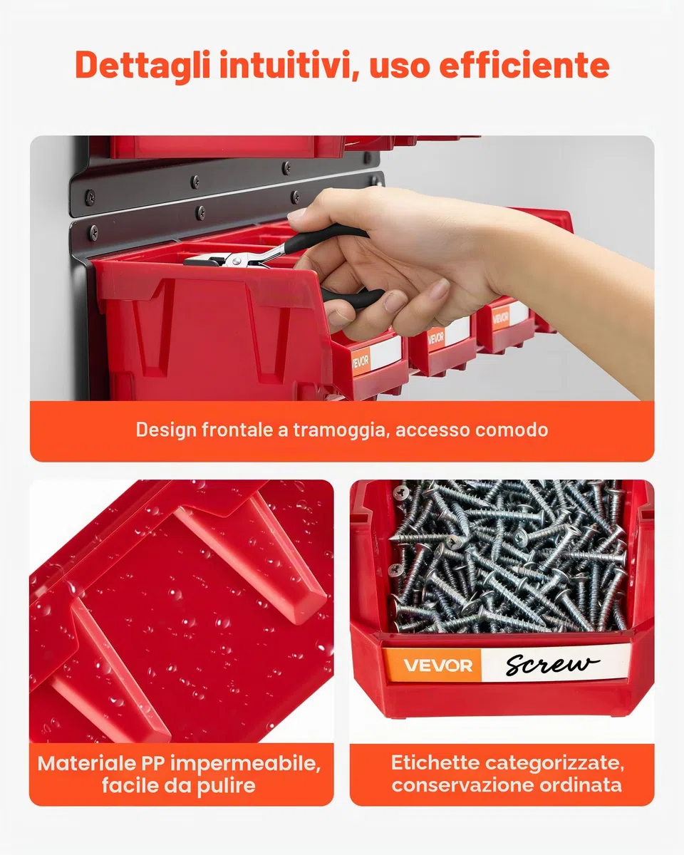 VEVOR Contenitori Portaoggetti da Parete, 12 Contenitori in Plastica e 3 Guide in Metallo, Scatola Portaoggetti Impilabile Sospeso per Ferramenta per Officina, Stanza dei Lavori Manuali, Rosso