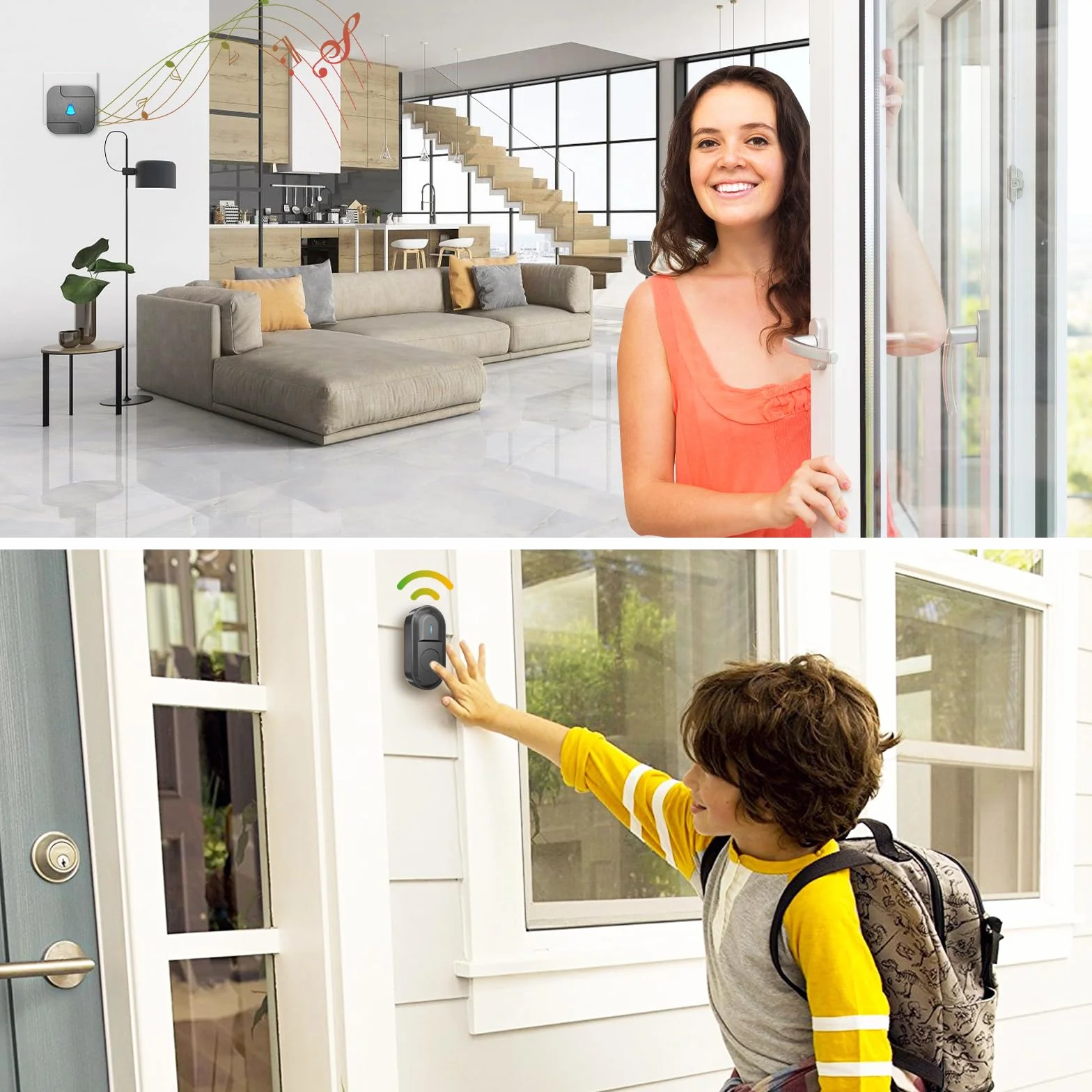SURFOU Campanello Wireless Senza Fili da Esterno con Batteria, 300M Distanza Impermeabile,55 Suonerie includere il Natale 5 Volumi Selezionabili per gli Anziani 2 Casa interno Ricevitore Nero