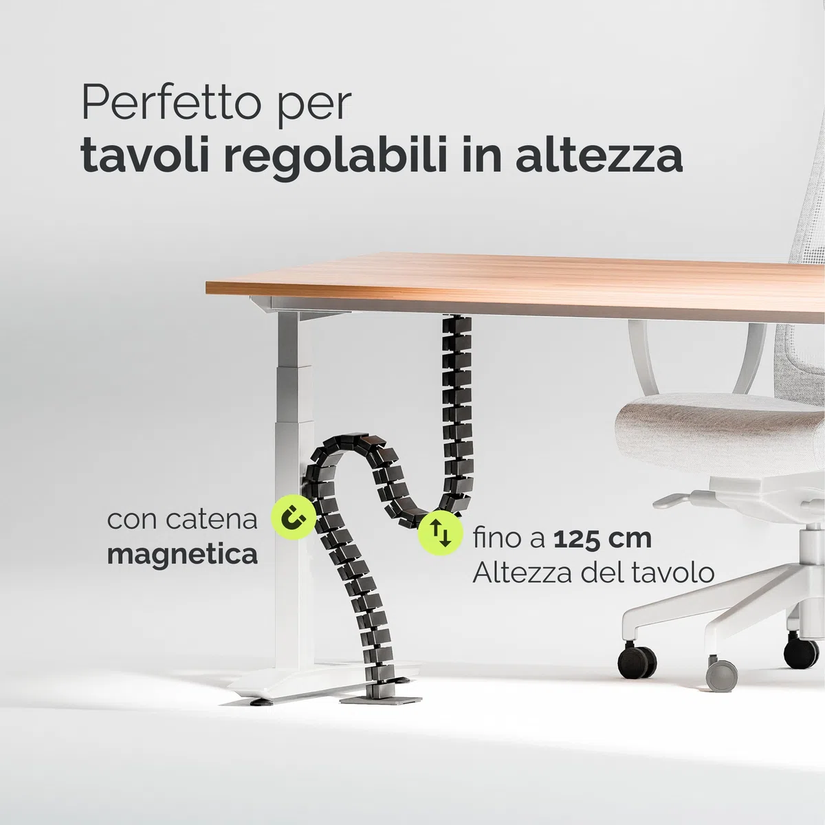 VALU canalina passacavi per scrivanie fino a 125 cm – stabile, flessibile con catena magnetica – Gestione cavi scrivania regolabile in altezza e fissa – base in acciaio e gommini antiscivolo