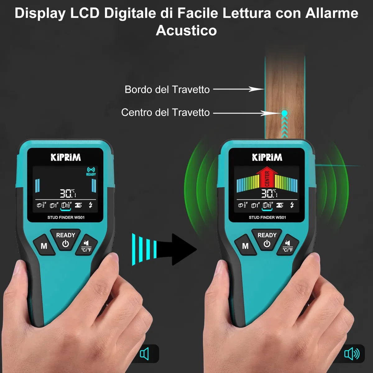 KIPRIM Stud Finder, 5 in 1 Rilevatore di Metalli e Travi, Profondità Metalli 45mm/AC Cavi 70mm, Rileva Legno (13/25/38mm), Schermo LCD, IP54 WS01