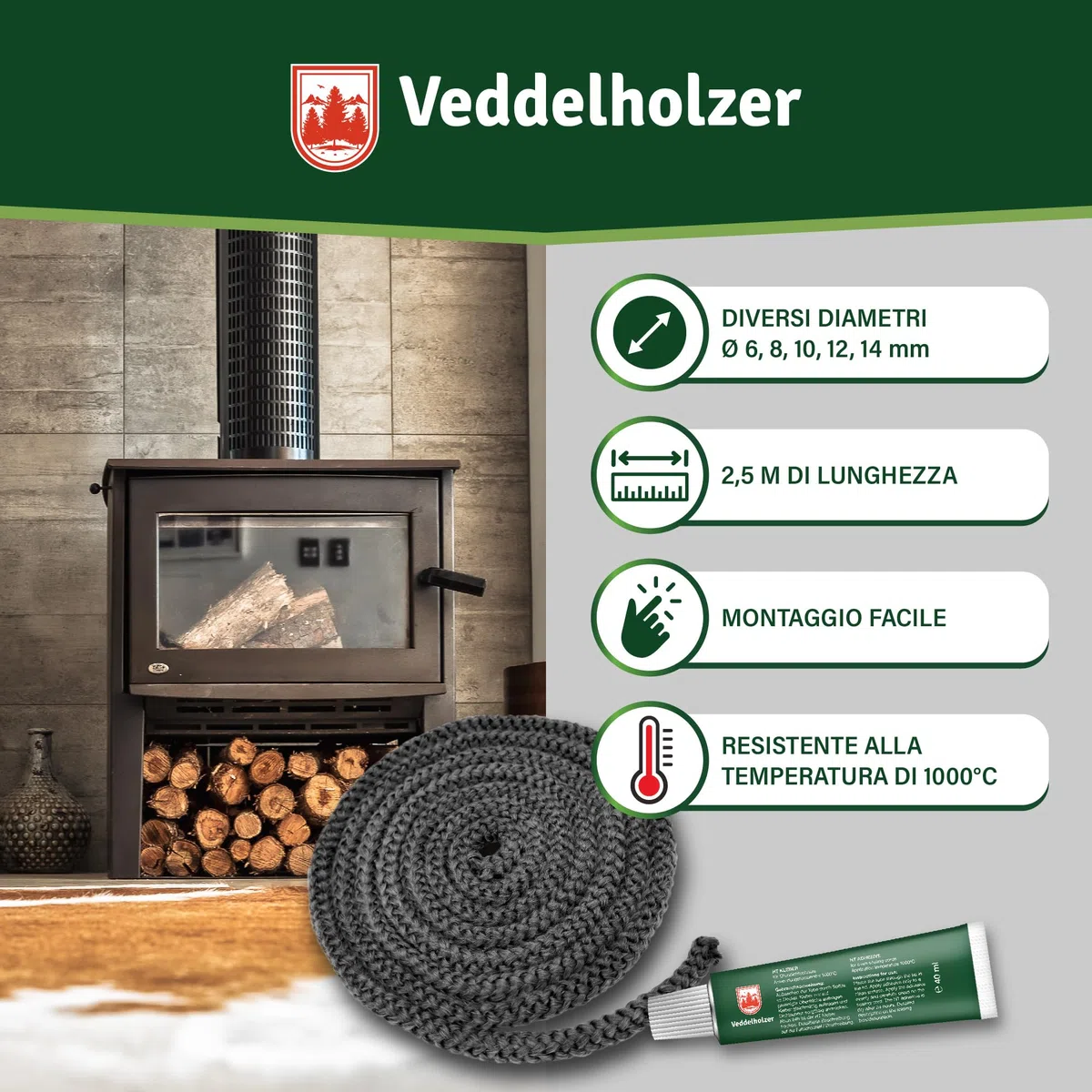 Set completo Veddelholzer Ø 8 mm nastro sigillante per stufe, guarnizione per forni, cavo sigillante, accessori per caminetti Incl. adesivo per alte temperature, guanti, manicotti e istruzioni
