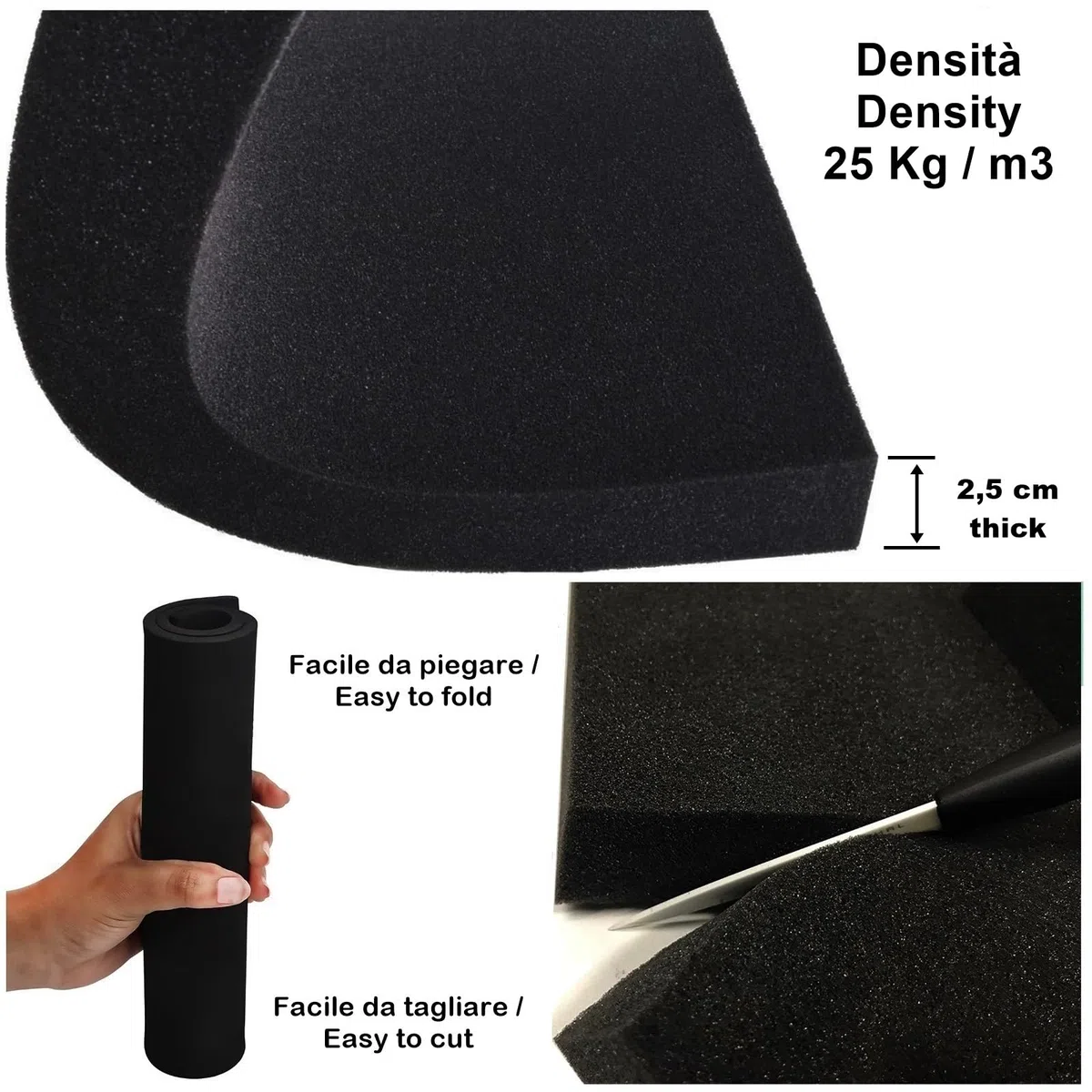 mmasport Poliuretano espanso Blocco Gomma Piuma Foglio per Imbottitura Cuscini divani sedie Giardino Cosplay modellismo Schiuma espansa Protezione imballaggio (Nero, 60 x 40 x 2,5 cm (1 Pezzo))