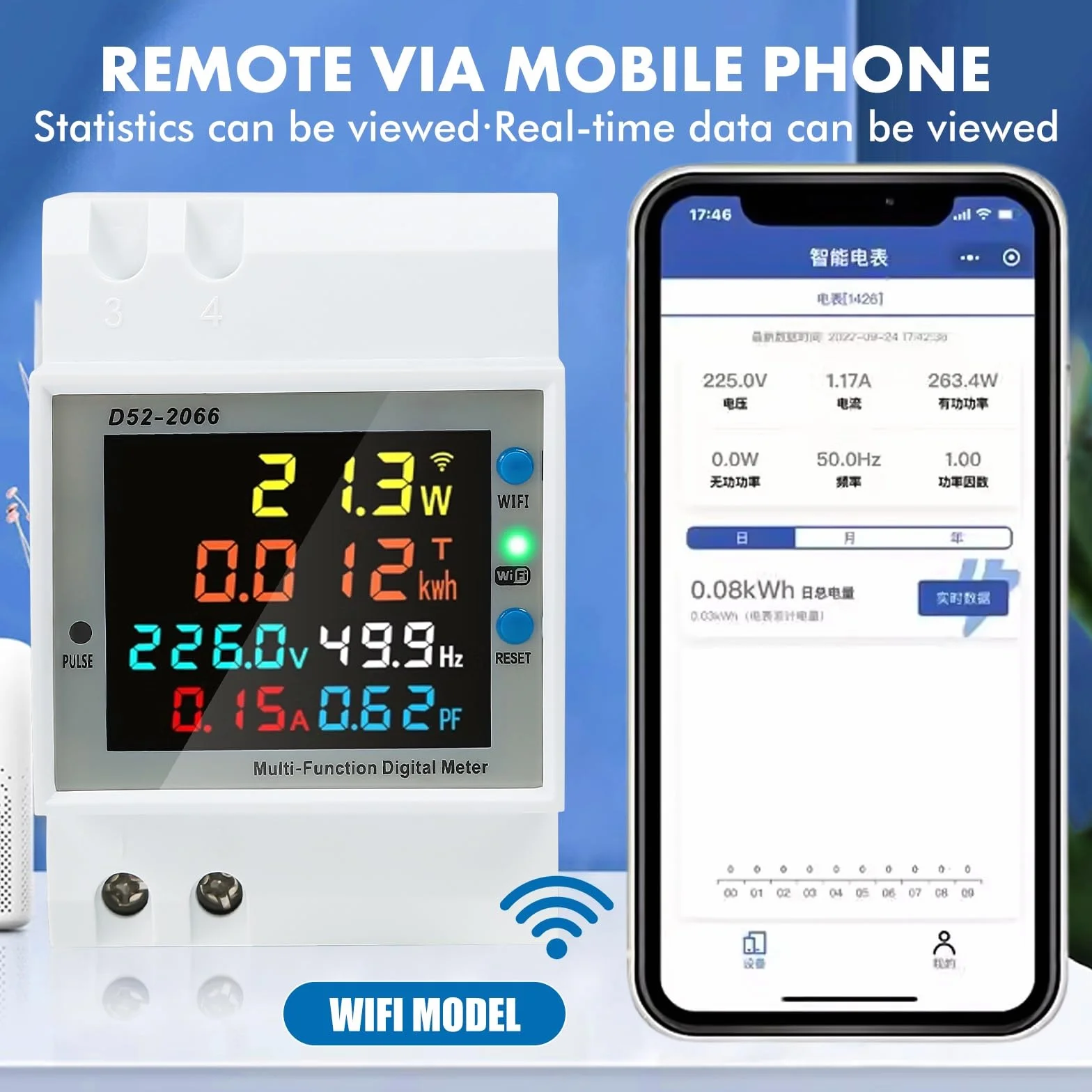 Contatore Energia Elettrica Monofase WiFi Contatore Elettrico Digitale Misuratore Consumo Elettrico DIN Controllo APP Tuya AC40-300 Misuratore di Tensione, Corrente, Potenza e Frequenza