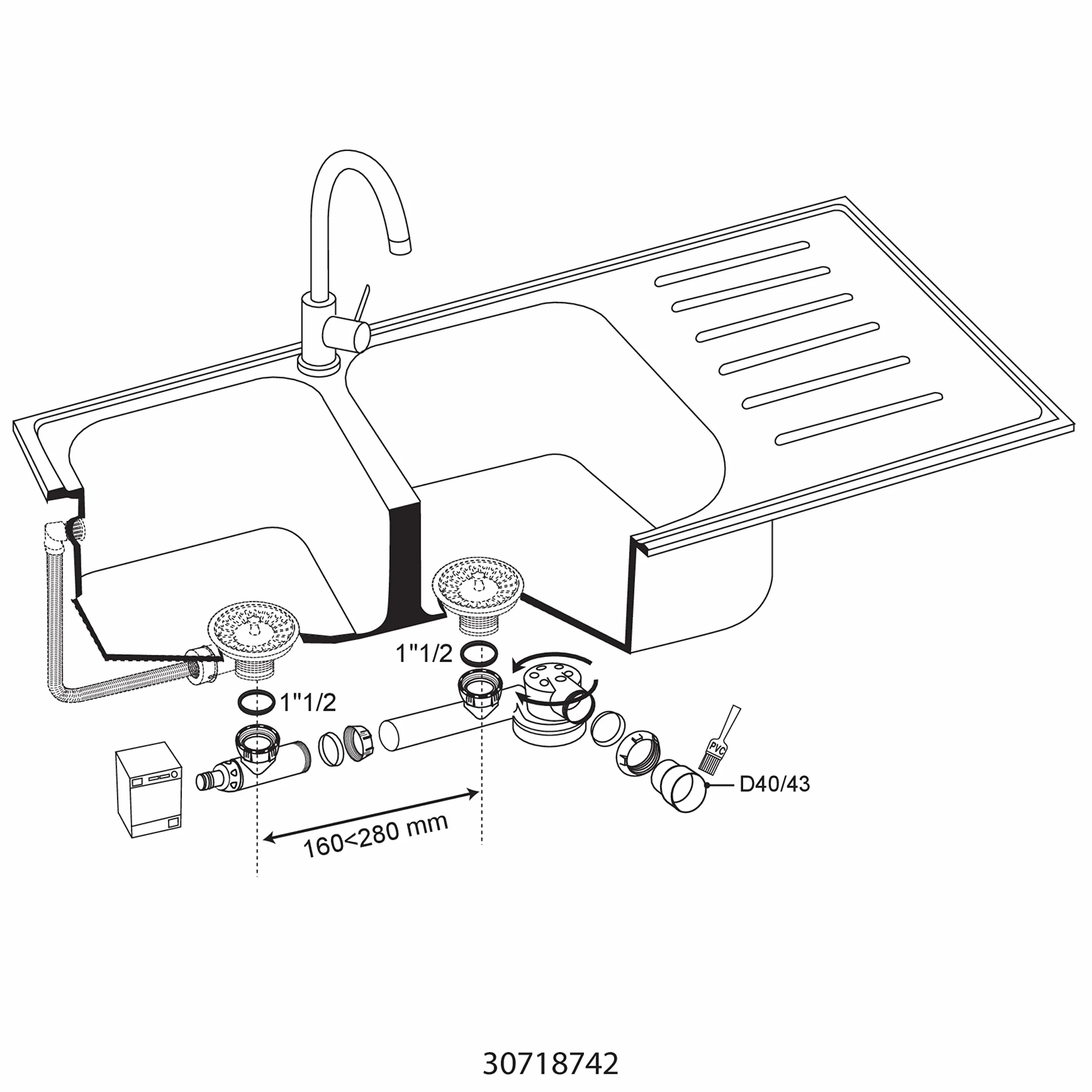 Wirquin 30723640 Sifone per lavello a 2 vasche, bianco