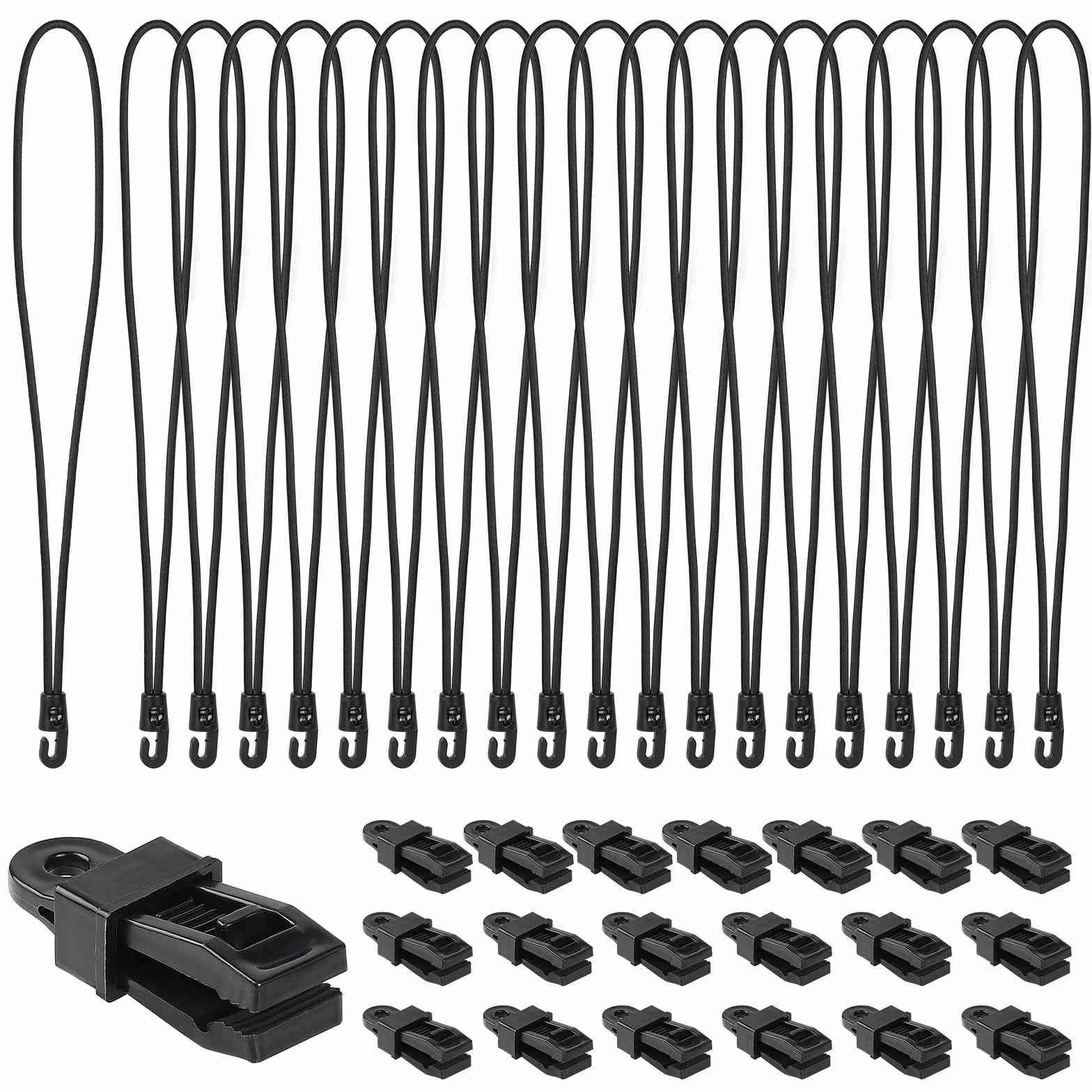 LALAGO 20 Pezzi Gomma per Tendere + Clip + Espansore 35cm Nero