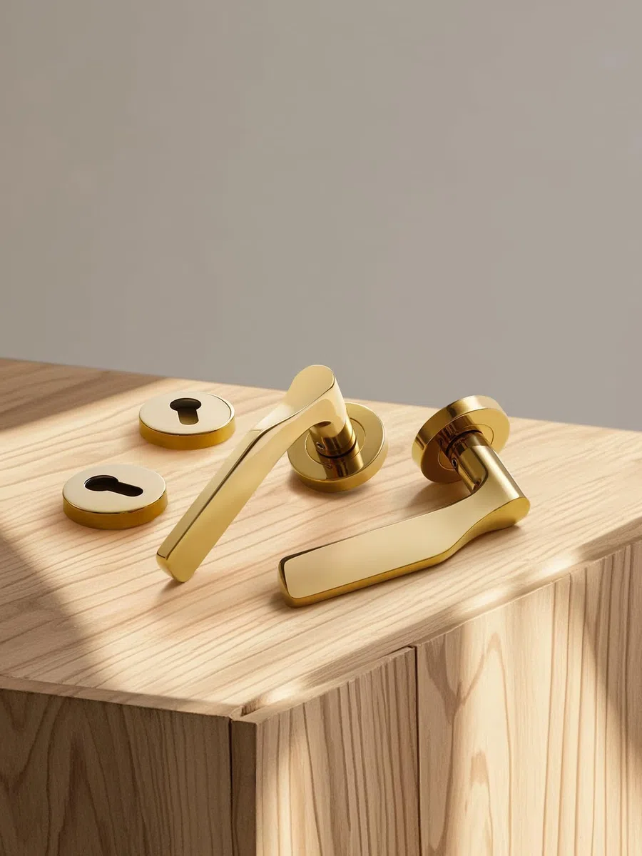 Maniglia per porta in acciaio inox spazzolato opaco dorato, set maniglia per porta anteriore e porta interna, forma L, profilo PZ, cilindro, rosetta tonda