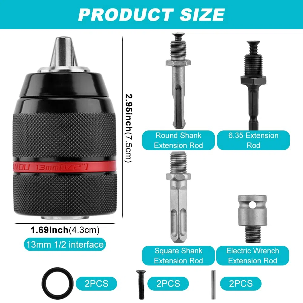 Mandrino autoserrante senza chiave per Milwauke-e, 1/2-20UNF Mount 1-13 mm mandrino autoserrante - Adatto a gambo SDS-Plus da 3/8", codolo esagonale da 1/4" e adattatore per avvitatore a impulsi da 1