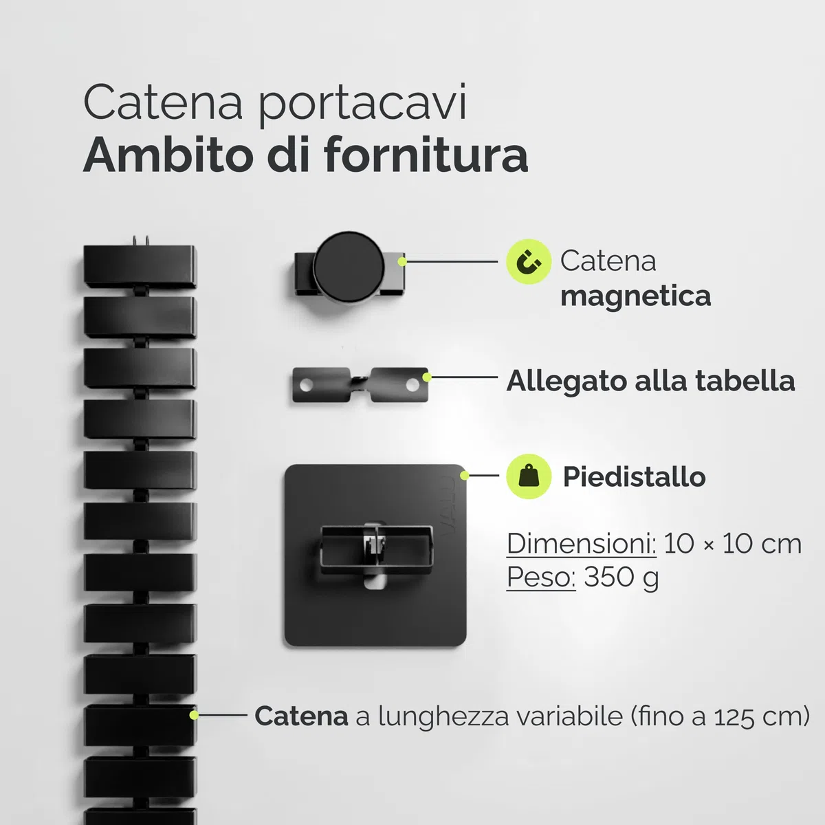 VALU canalina passacavi per scrivanie fino a 125 cm – stabile, flessibile con catena magnetica – Gestione cavi scrivania regolabile in altezza e fissa – base in acciaio e gommini antiscivolo