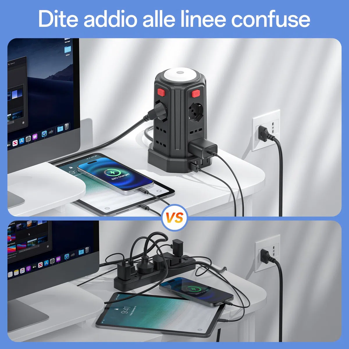 2 M Ciabatta Elettrica Multipresa con Luce Notturna 12 Prese Universali 10/16A ITA e Schuko e 3 USB A+1 USB C Protezione Sovratensione con 4 Interruttori Indipendenti per L'ufficio, La casa
