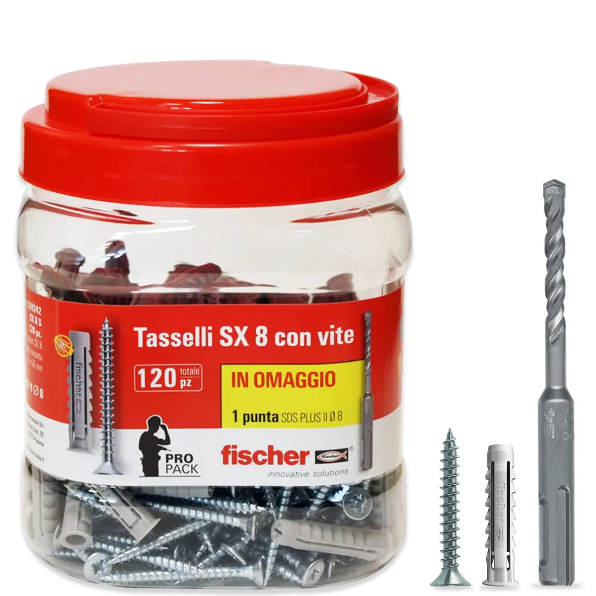 Fischer Propack SX 8 S Barattolo 120 Tasselli Con Vite + Punta SDS PLUS