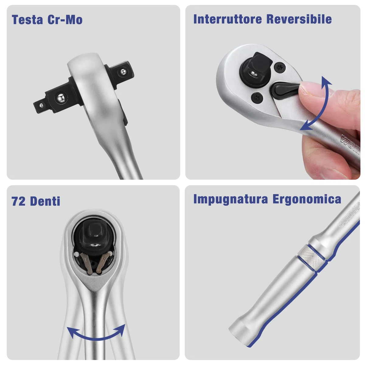 WORKPRO Set di Chiavi a Bussola da 22 Pezzi, con Chiave a Cricchetto 3 in 1, Chiavi a Bussola da 1/4", 3/8", 1/2", Barra di Prolunga, 72 Denti, con Custodia