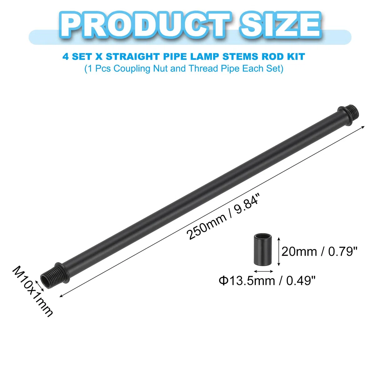 PATIKIL Kit Asta Lampada a Tubo Dritto, 4 Set M10 Acciaio al Carbonio 250mm Lunghezza Asta Filettata a Doppia Estremità con Dado Accoppiamento Manicotto Connettore per Lampade Tavolo, Nero