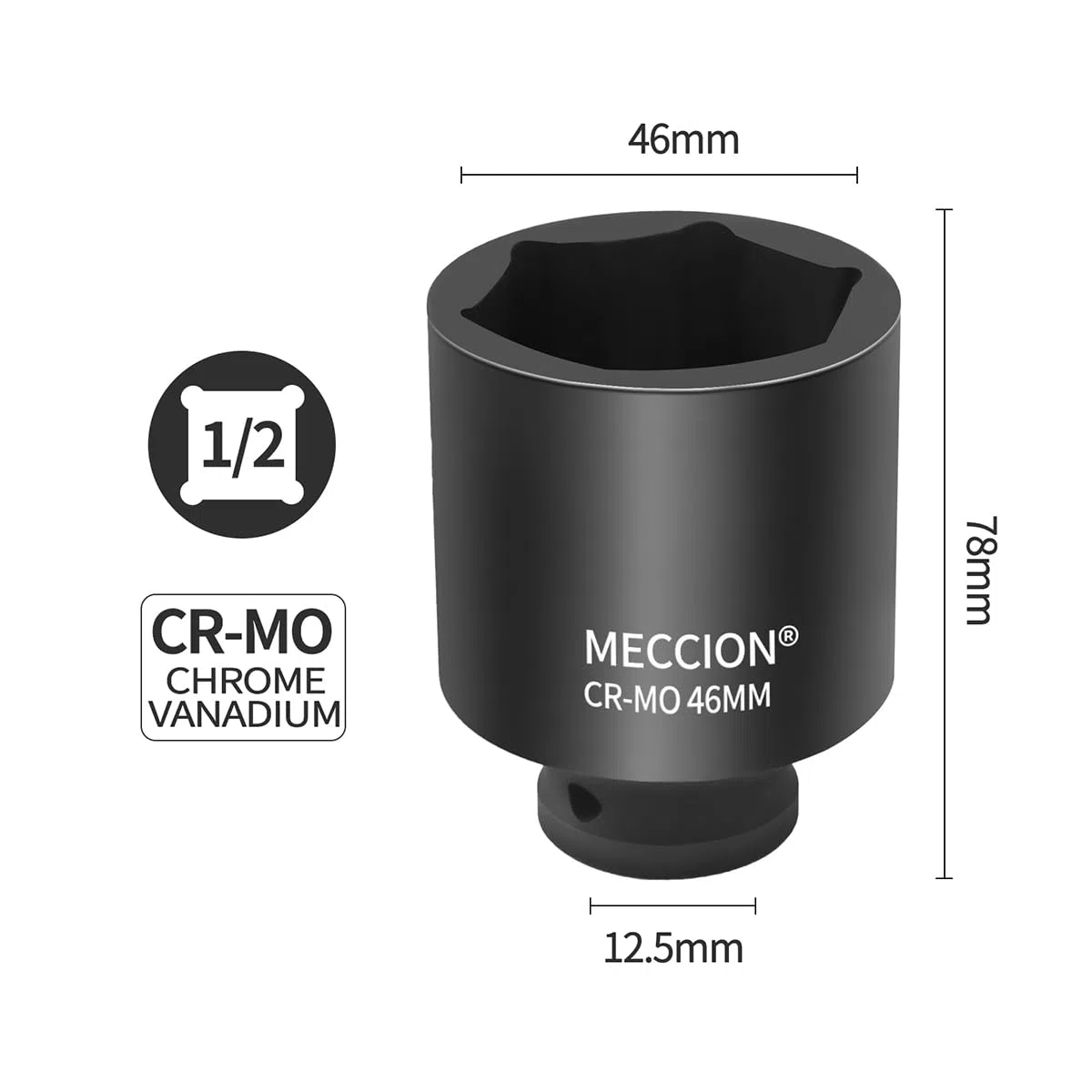 Meccion Steckschlüssel Sechskant 46mm mit 1/2" Antrieb, Industriequalität CR-MO Schlagschrauber Einsatz, Tief, 78mm Gesamtlänge