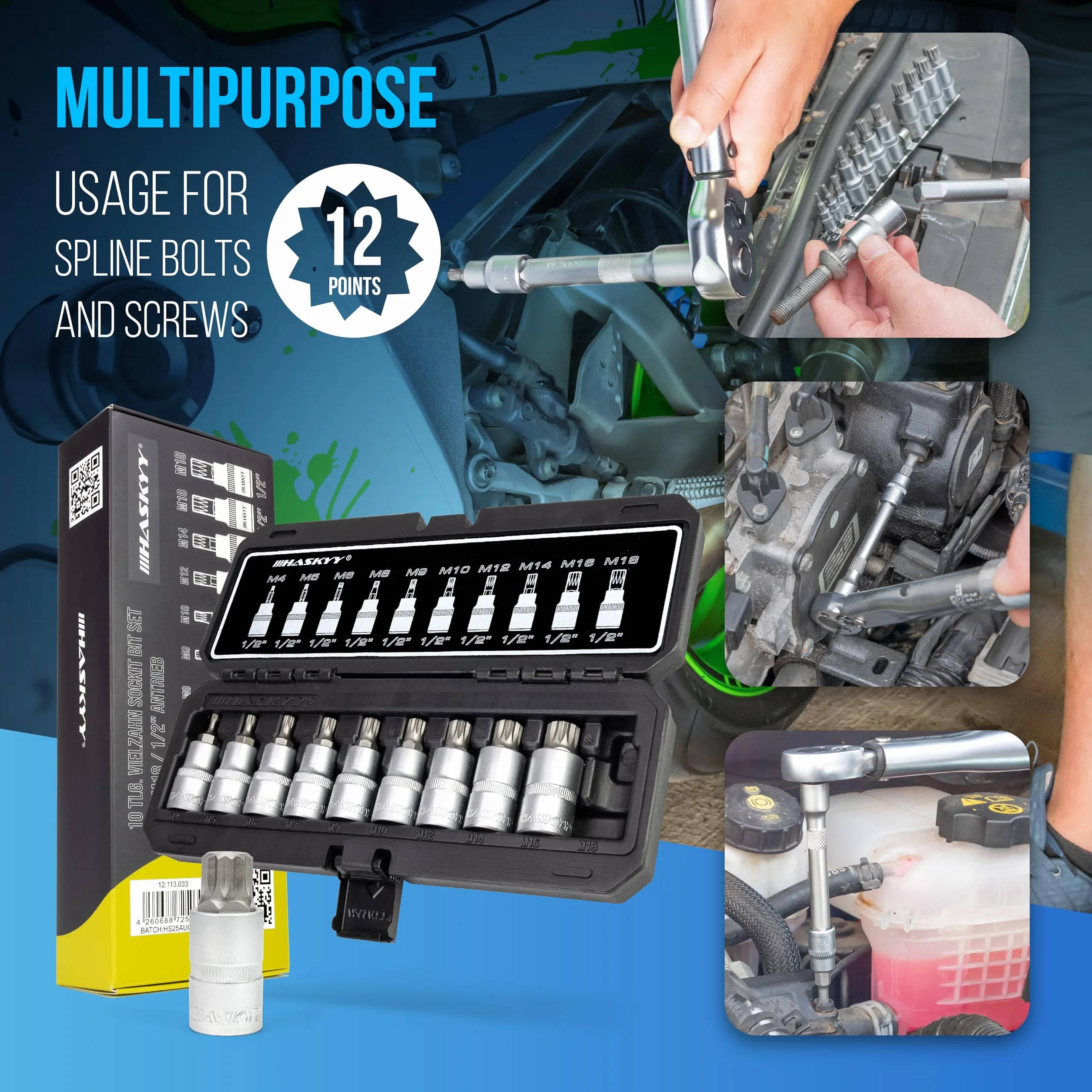 Set di chiavi a bussola XZN multi-dente con bit 1/2", 10 pezzi, M4, M5, M6, M8, M9, M10, M12, M14, M16, M18