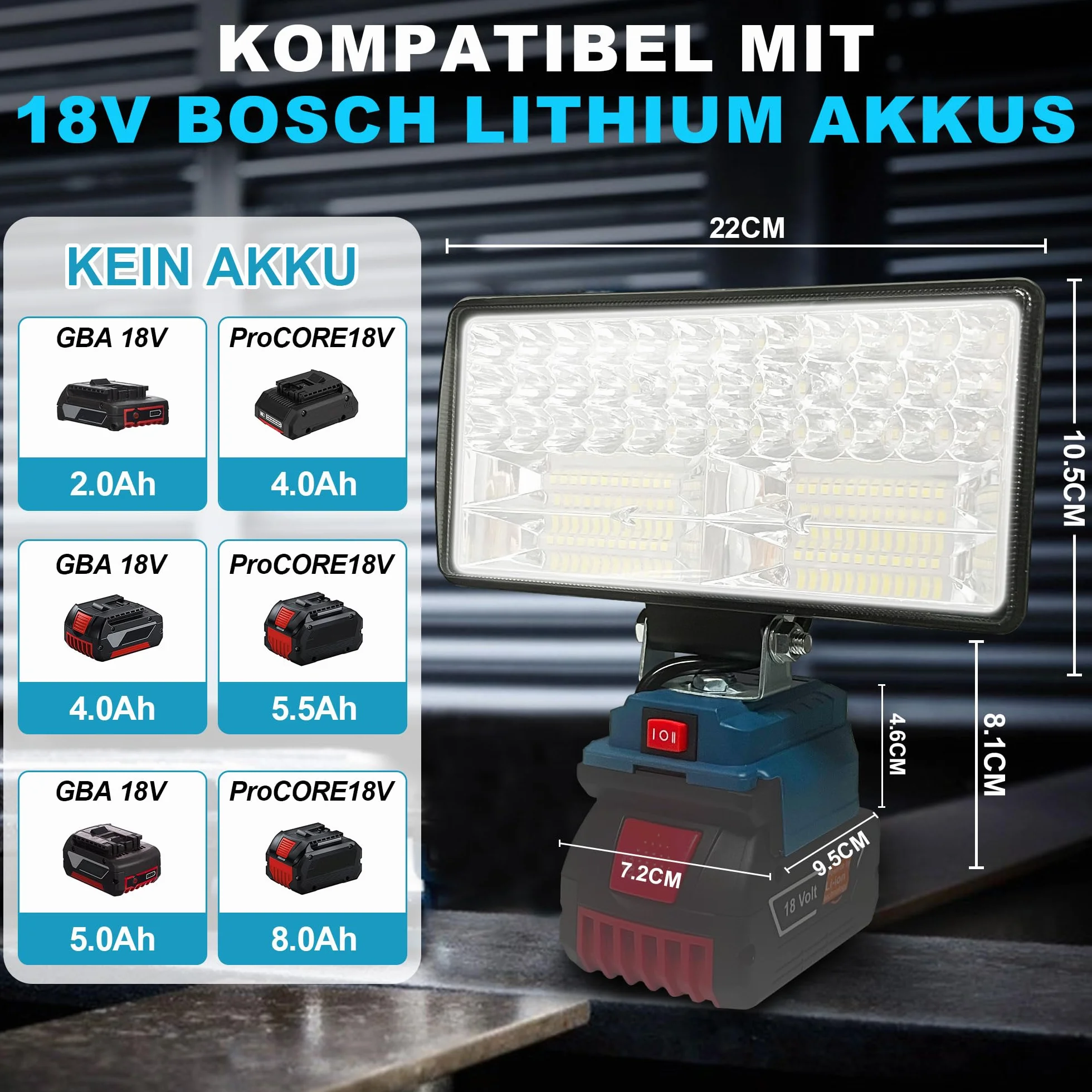 Lampada a LED per batteria Bosch da 18 V, 96 W, 6800 lm, con USB + tipo C (senza batteria)