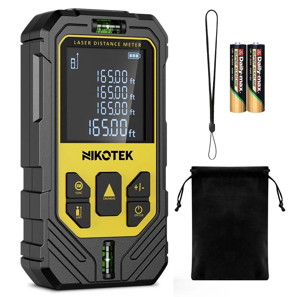 Nikotek Metro Laser, Distanziometro Laser IP54 Strumento di Misurazione Digitale Portatile Telemetro con Livelli a Bolla e Display LCD a 4 righe (2 * Batteria Inclusa)