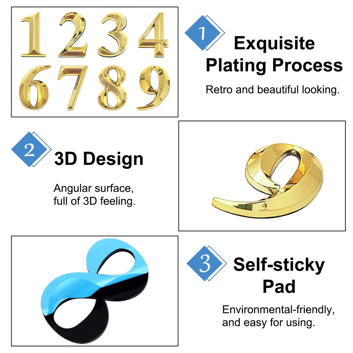 INCREWAY Numeri per indirizzi 3D, 20 pezzi, 5 cm, autoadesivi, numeri per cassetta postale 0-9 per appartamento, casa, ufficio (oro)