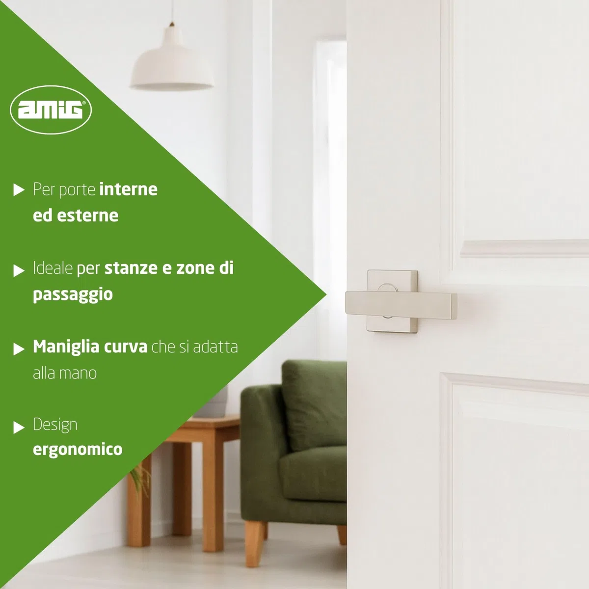 Amig - Set di Maniglie con Rosetta Interna per Porte | Mod. SUKI | 54 x 54 mm | Quadretto da 8 mm | Design Elegante e Semplice | Acciaio Inossidabile | Argentato Opaco