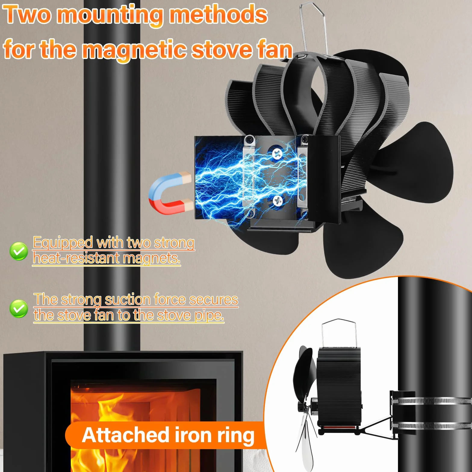 Ventola Stufa Legna Magnetico, 5 Pales Ventilatori per Stufe a Legna,Ventilatore Stufa da Tubo, Senza corrente Silenziosa ed Efficiente per Ceppi/Vamino/Pellet