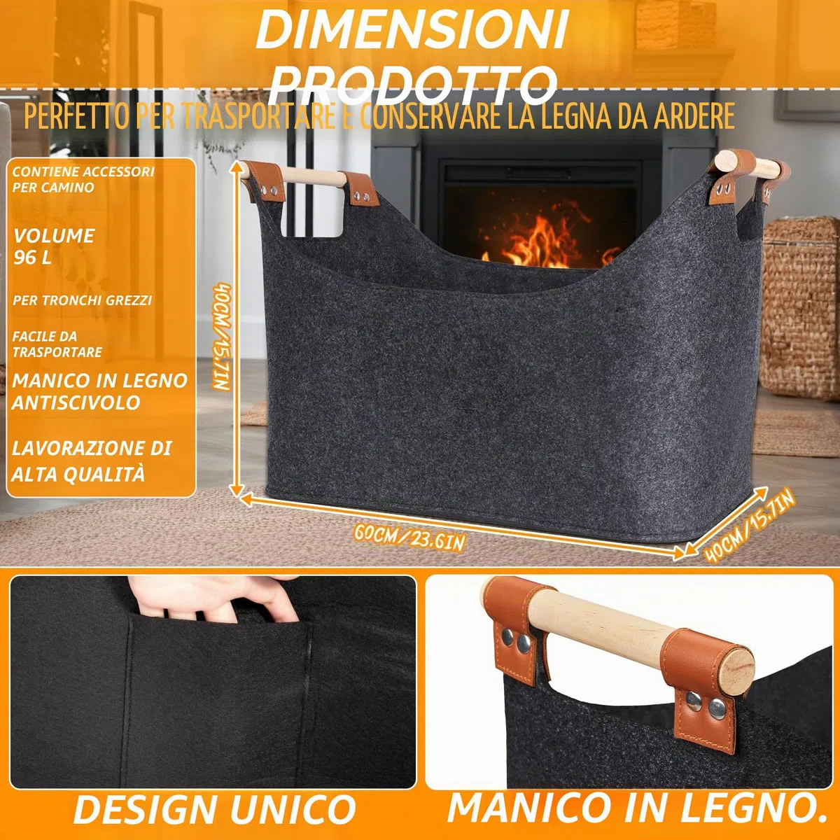 Borsa In Feltro per Legna da Ardere, 96LCesto Portalegna, Pieghevole Borsa Porta Legna, Cesta Legnas Camino con Tasca Laterale, Cesta Porta Legnas, 60x40x40Cesta Legnas da Interno,Grigio Scuro