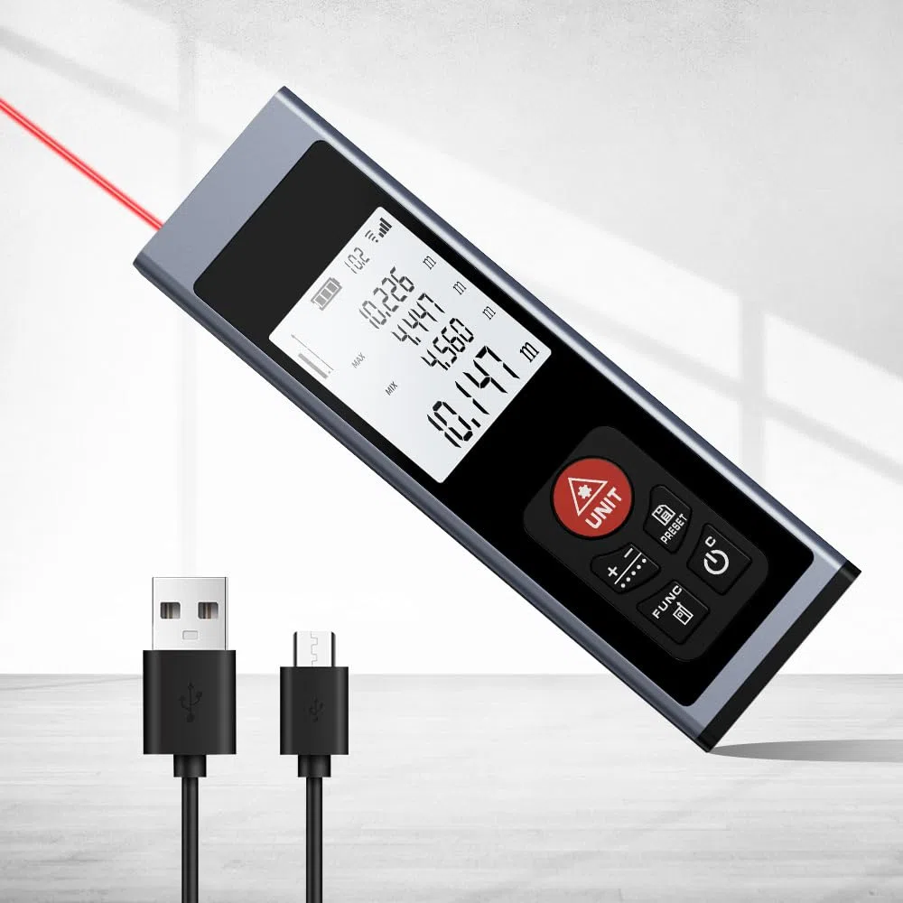 REVASRI Telemetro Professionale, Telemetro Laser con Livella Elettronica M/In/F Retroilluminazione LCD Distanza/Area/Volume/Pitagora/Continuo e USB C Ricaricabile