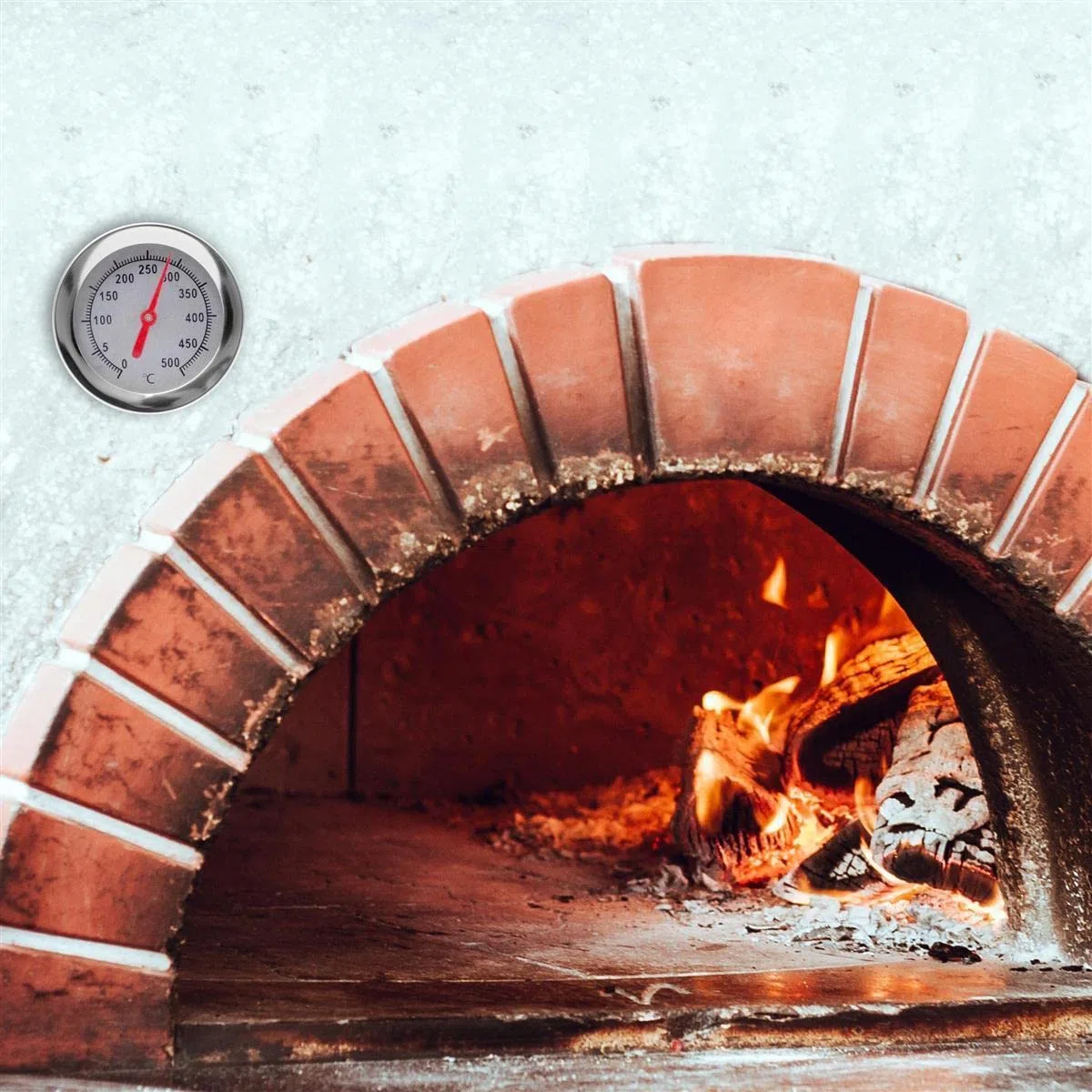 Termometro da incasso 500 gradi Ø 6,5 cm per forno a legna, forno pizza, grill, affumicatore, BBQ realizzato in acciaio inox, sonda 15cm | 30cm | 45cm con cono incorporato (30cm)