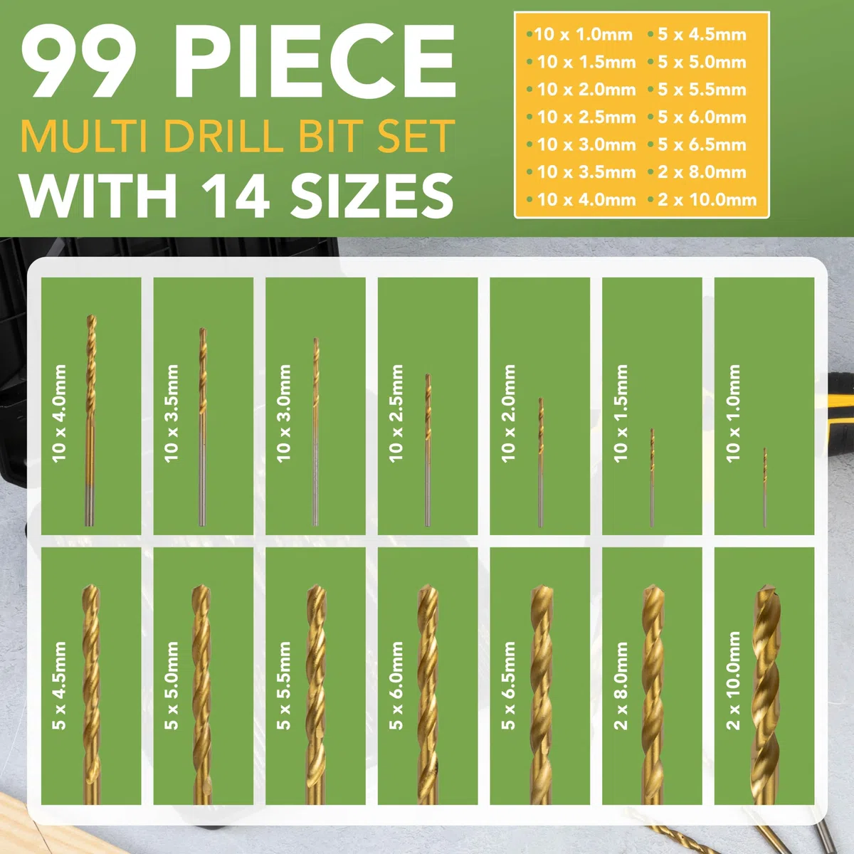 BLOSTM Set Punte Trapano HSS - Punte Trapano Metallo da 99 Pezzi Dimensioni da 1 a 10mm Set Punte Trapano Professionali in Titanio ad Alta Velocità per Metallo, Legno, Plastica in Custodia per Punte