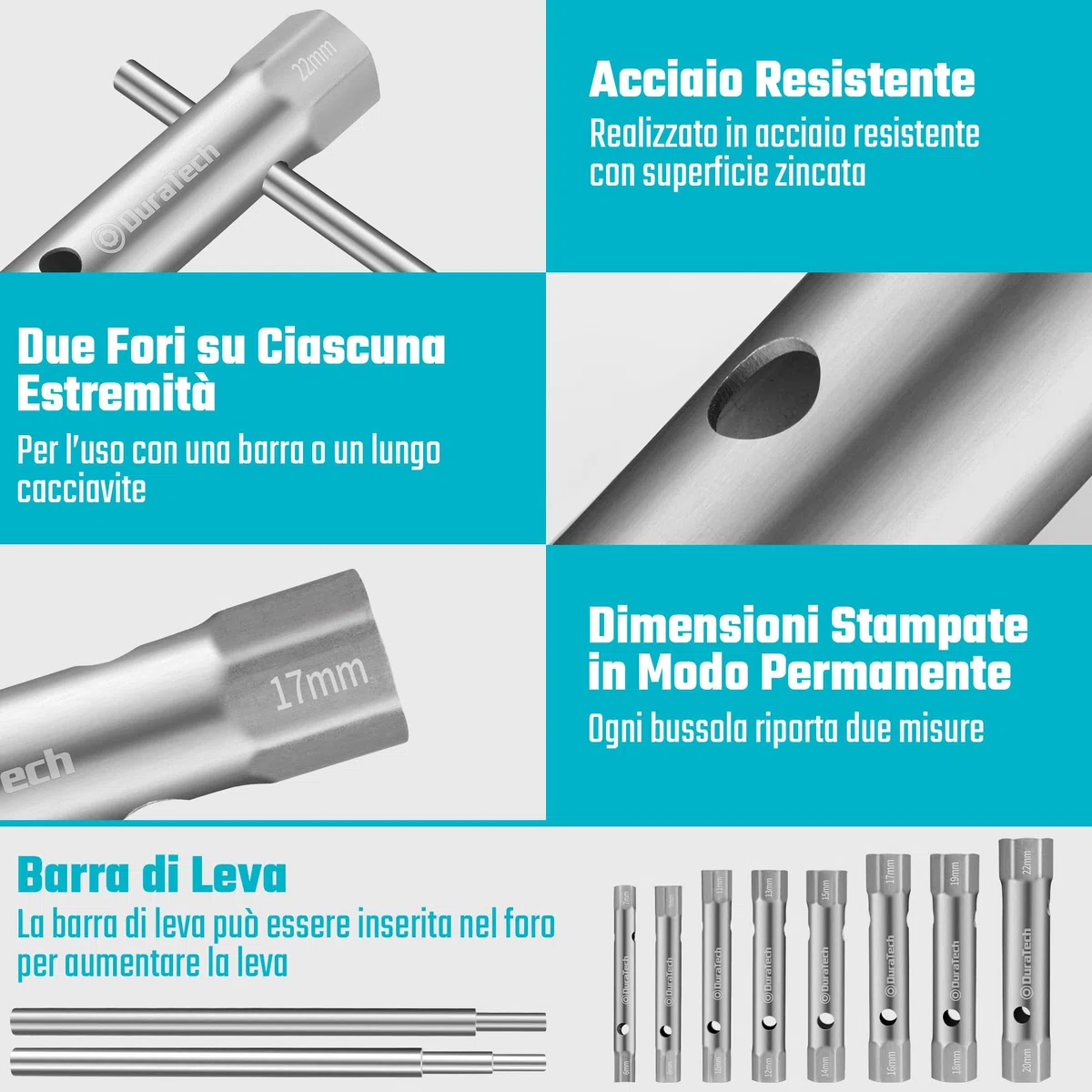 DURATECH Set di 10 chiavi a tubo con 2 leve, metrico, 6-22 mm, set di chiave tubo esagonale doppia per dadi posteriori per idraulica, installazioni e riparazioni di veicoli