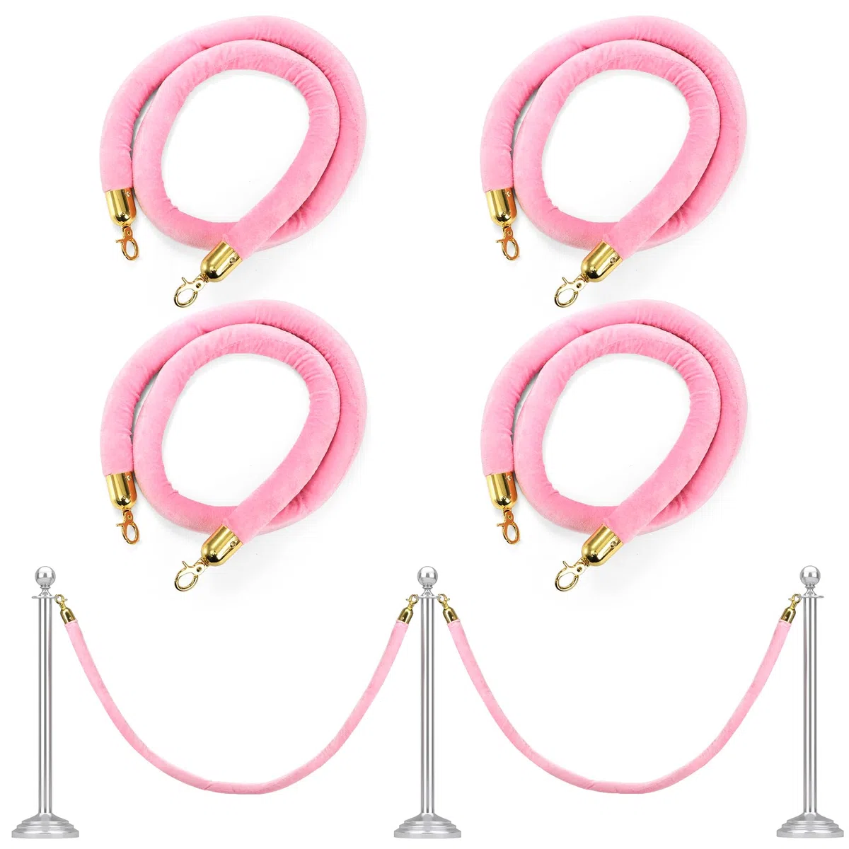 Okllen Confezione da 4 corde in velluto rosa, 1,5 m, per controllo della folla, con chiusure in oro lucido, corda VIP da appendere per tappeti rossi e rosa, decorazioni per eventi a tema ed eventi per