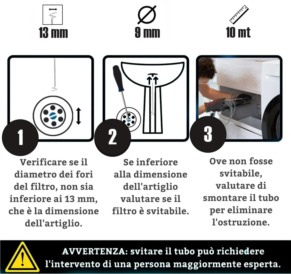 HYTAMA TOOLS - Sonda Sturatubi 10 Metri, 9 mm di Diametro, Sonda Stura Lavandini e Scarichi per Interventi Fai da Te, Coclea di Drenaggio, Molla Idraulica per Pulizia Tubi Senza Prodotti Chimici