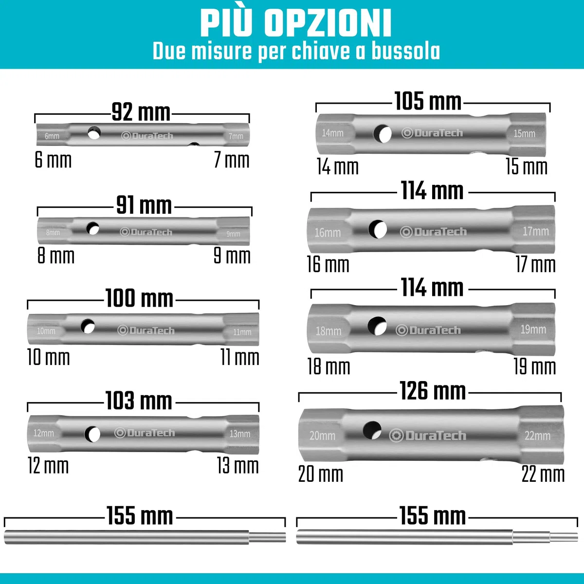 DURATECH Set di 10 chiavi a tubo con 2 leve, metrico, 6-22 mm, set di chiave tubo esagonale doppia per dadi posteriori per idraulica, installazioni e riparazioni di veicoli
