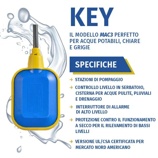 Galleggiante a Interruttore KEY, Press Control Sensore Livello Acqua per Pompa con Contrappeso per Acqua Pulita e Sporca, Sensore Allagamento, Made in Italy (cavo 3mt)