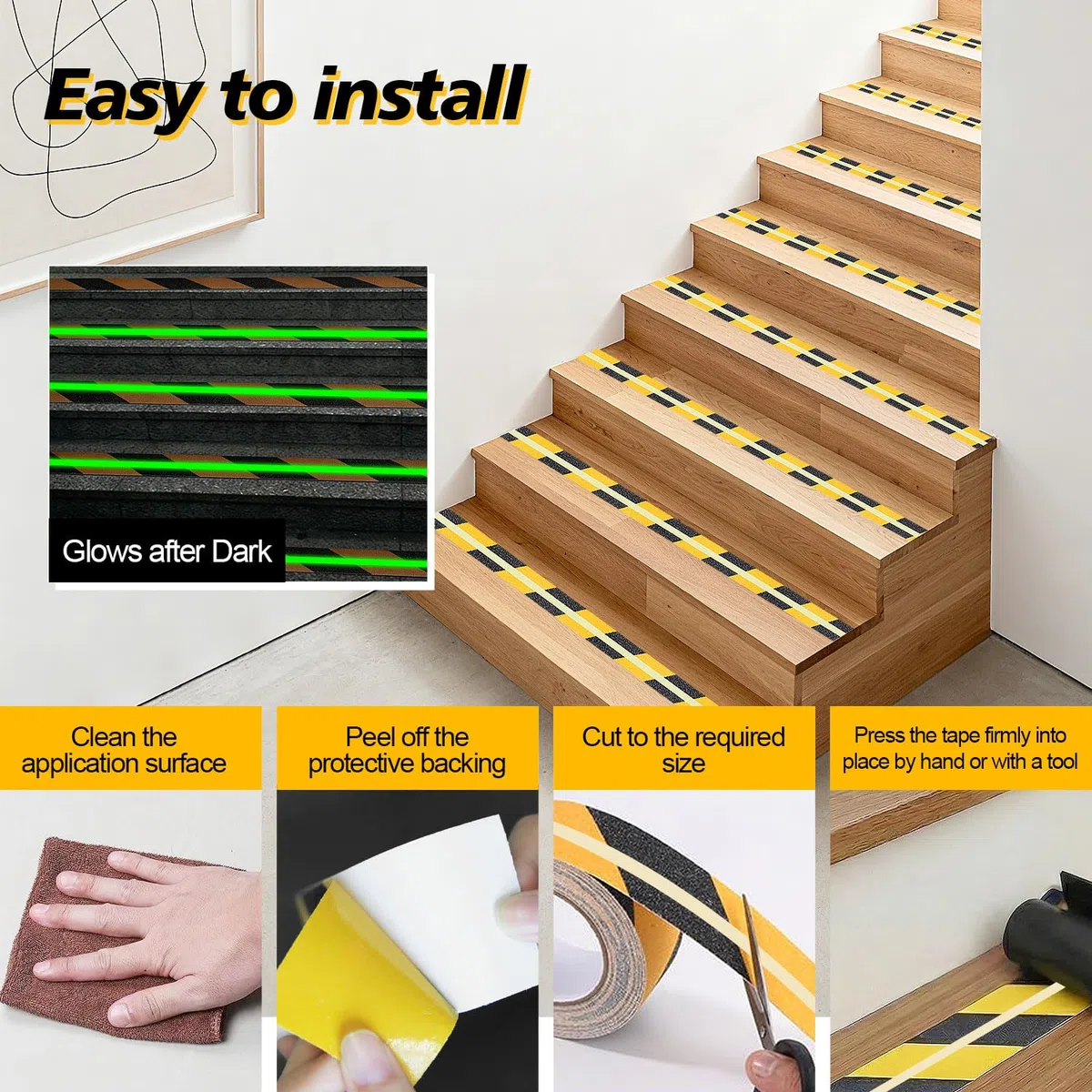 2 Pezzi Nastro Antiscivolo per Gradini Strisce Antiscivolo per Scale Esterne Fluorescente Autoadesivo Nastro di Segnalazione per Scale, Gradini, Rampe e Pavimenti, 5 m x 5 cm, Nero e Giallo