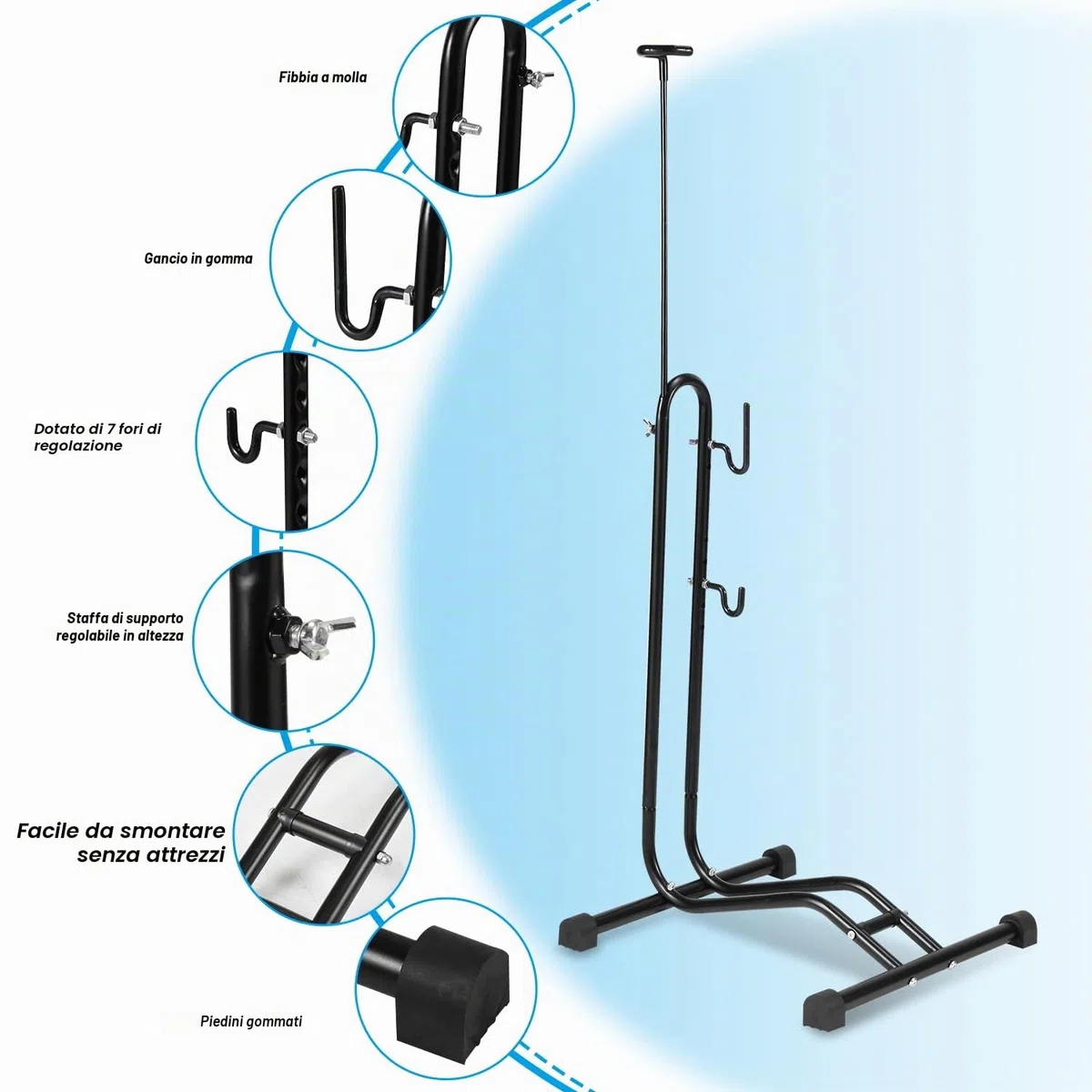 Cavalletto 3 in 1, regolabile in altezza, supporto orizzontale e verticale, antiscivolo, fino a 7 cm, compatibile biciclette fino a 27,5"
