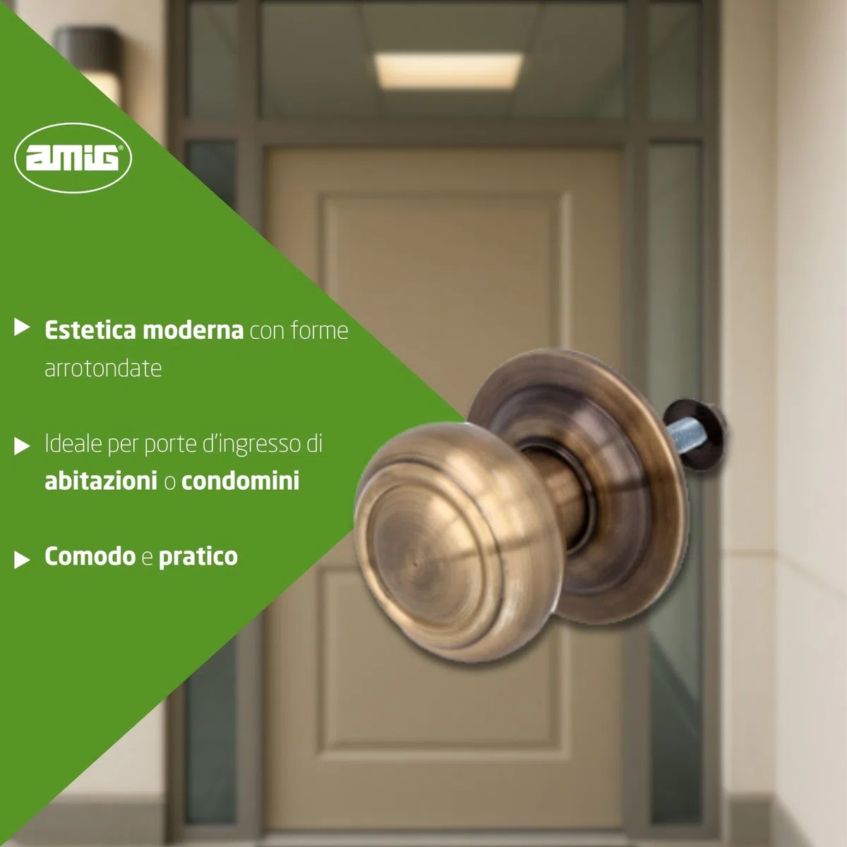 Amig - Pomolo per Porta d’Ingresso Mod.15 - Pomolo Rotondo con Impugnatura Ergonomica e Fissaggio Incluso - Ø70 mm - Ottone - Cuoio