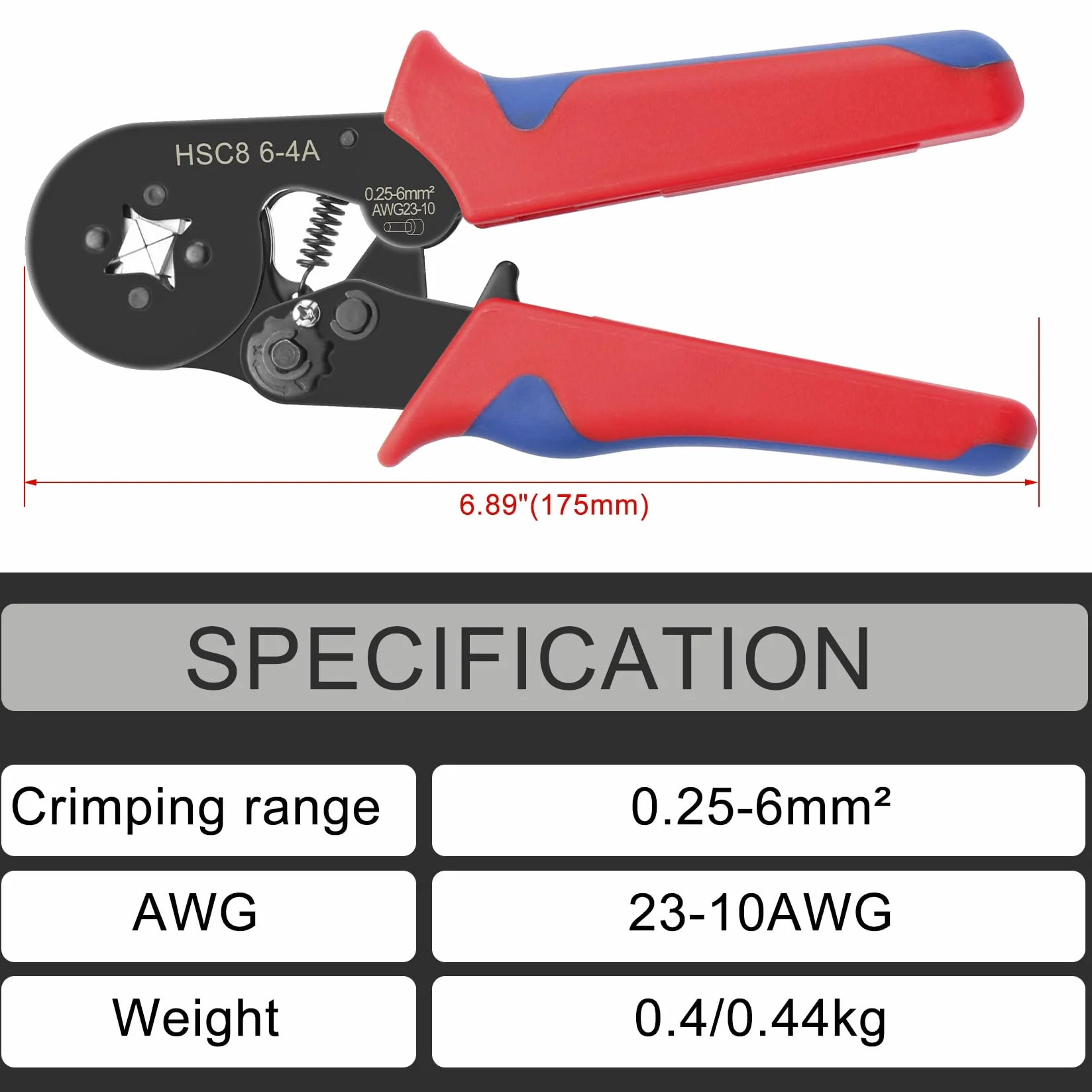 Heschen Pinza per pinze HSC8 6-4 Mini Strumenti di pinzatura auto-registrabili Utilizzare per cavo da 0,25-6,0 mm² (23-10 AWG) Cavo a filo metallico a nastro Rosso
