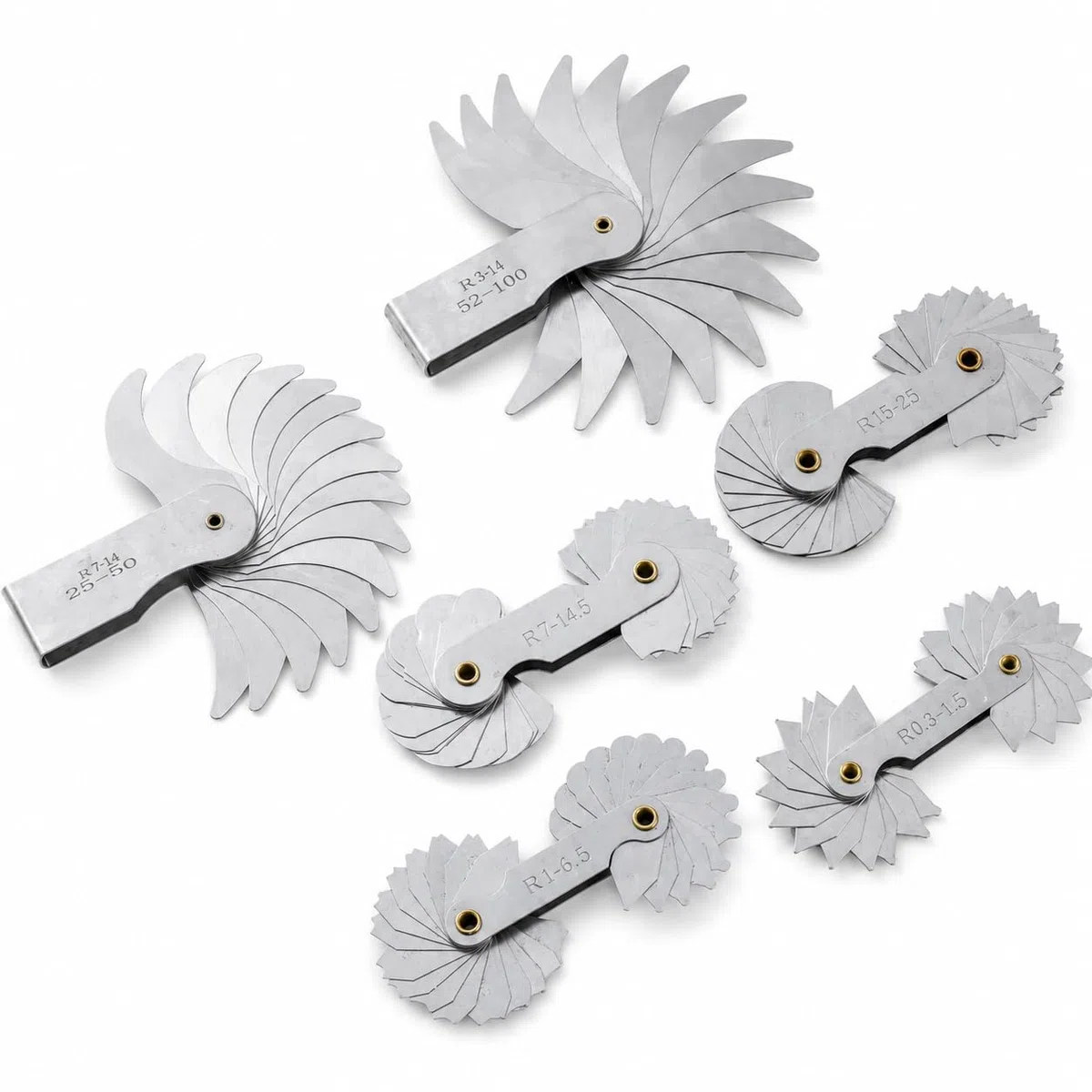 KATSU Set di misuratori di raggio 6 Pezzi R0.3-1.5 / R1-6.5 / R7-14.5 / R15-25 / R25-50 / R52-100 misuratori di filetti di raggio in metallo Strumento di misura portatile concavo convesso