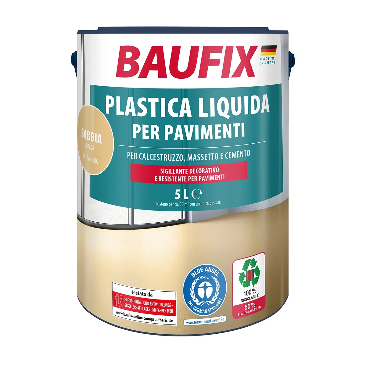Baufix Pavimento di plastica liquida sabbia opaca, 5 litri, vernice per calcestruzzo e pavimento, traspirante per interni ed esterni, per cemento/massetto