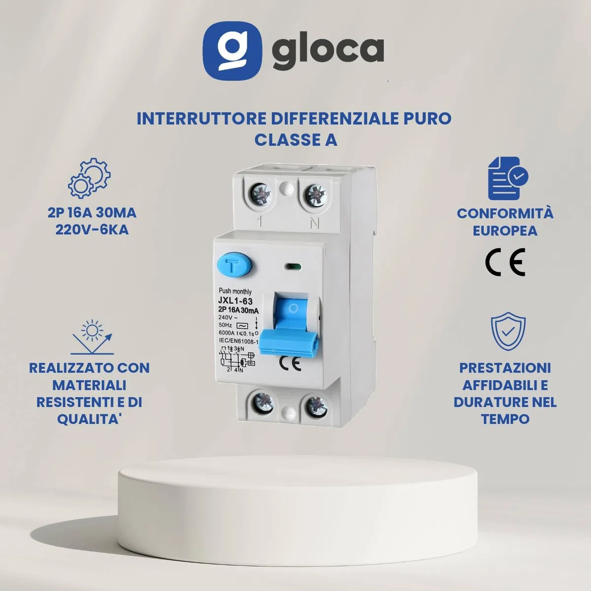 gloca Interruttore Differenziale Puro Salvavita 2P 30mA 220V-6KA CLASSE A 2 Moduli DIN (16 Ampere)