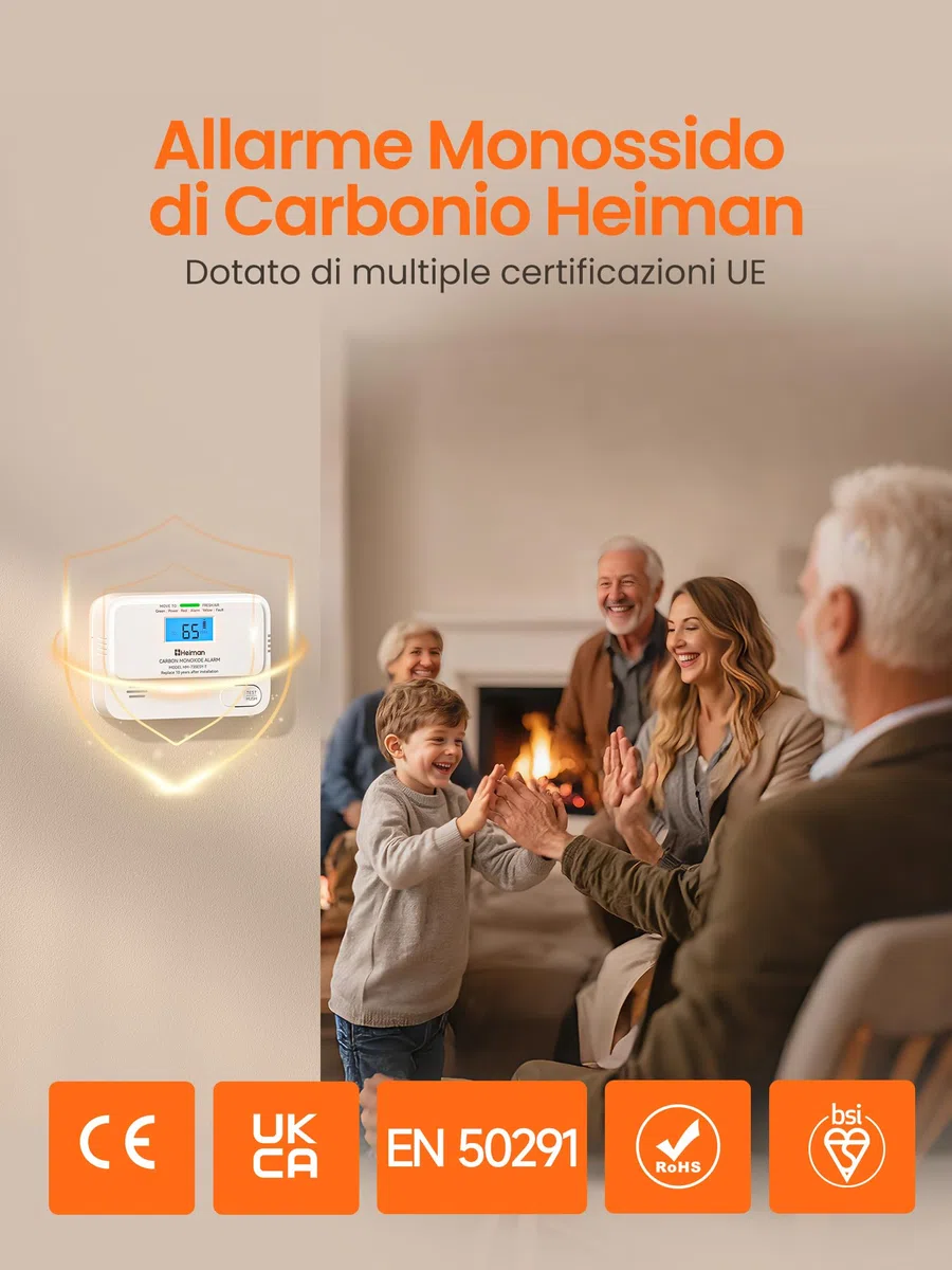 Heiman Rilevatore di Monossido di Carbonio, durata della batteria di 10 anni, Rilevatore CO per la casa con display LCD digitale, allarme CO certificato BSI, norma EN 50291