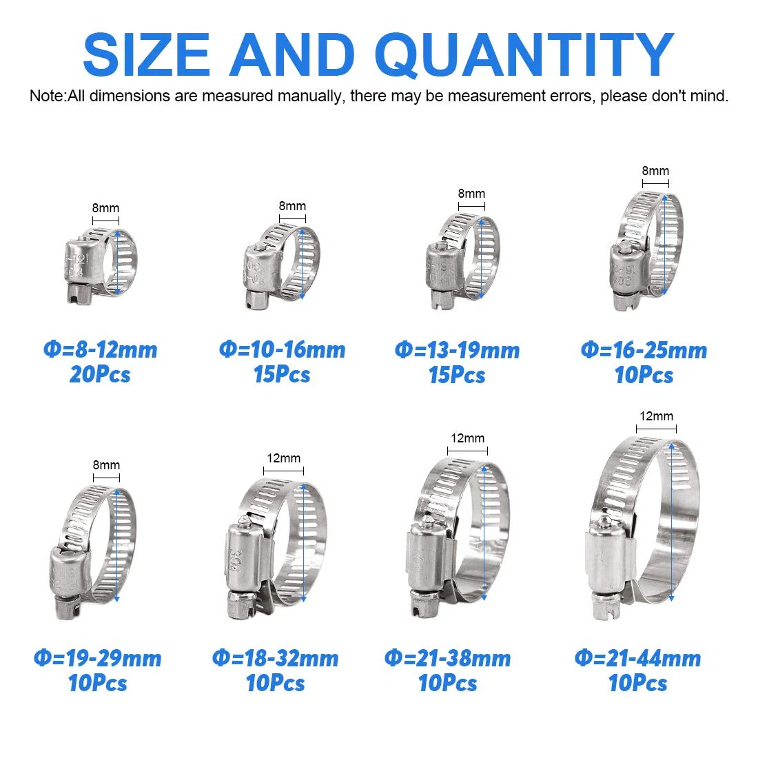 Glarks 100 pezzi regolabili 8-44 mm gamma 304 in acciaio inox vite senza fine kit assortimento di morsetti per tubo dell'acqua, idraulici, applicazioni automobilistiche e meccaniche