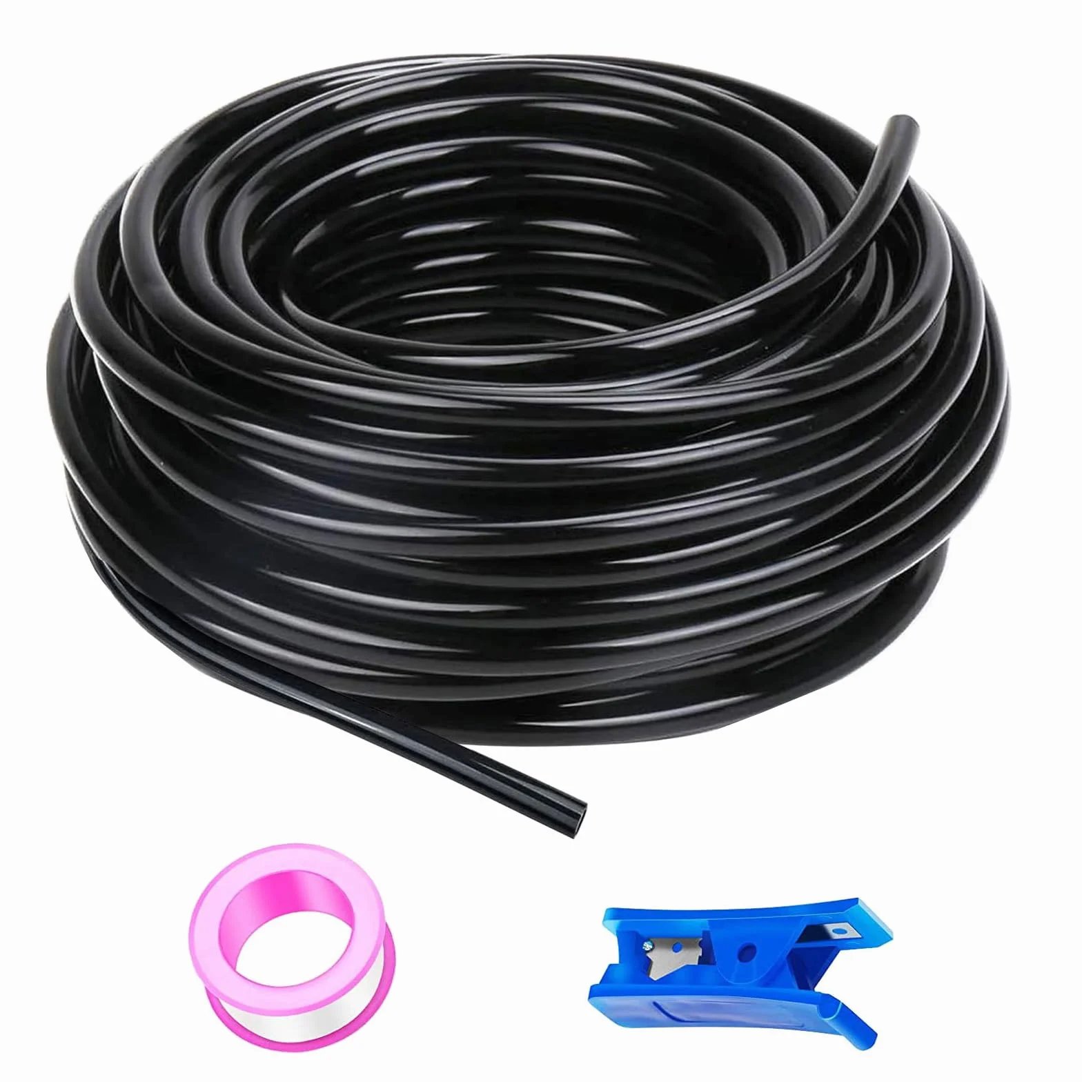 Tubo pneumatico in PU nero HUAZIZ 50 M, tubo pneumatico in poliuretano, tubo flessibile per aria compressa, esterno 6 mm x interno 4 mm + 1 pezzo di tagliatubi blu +1 pezzo di nastro in teflon rosa
