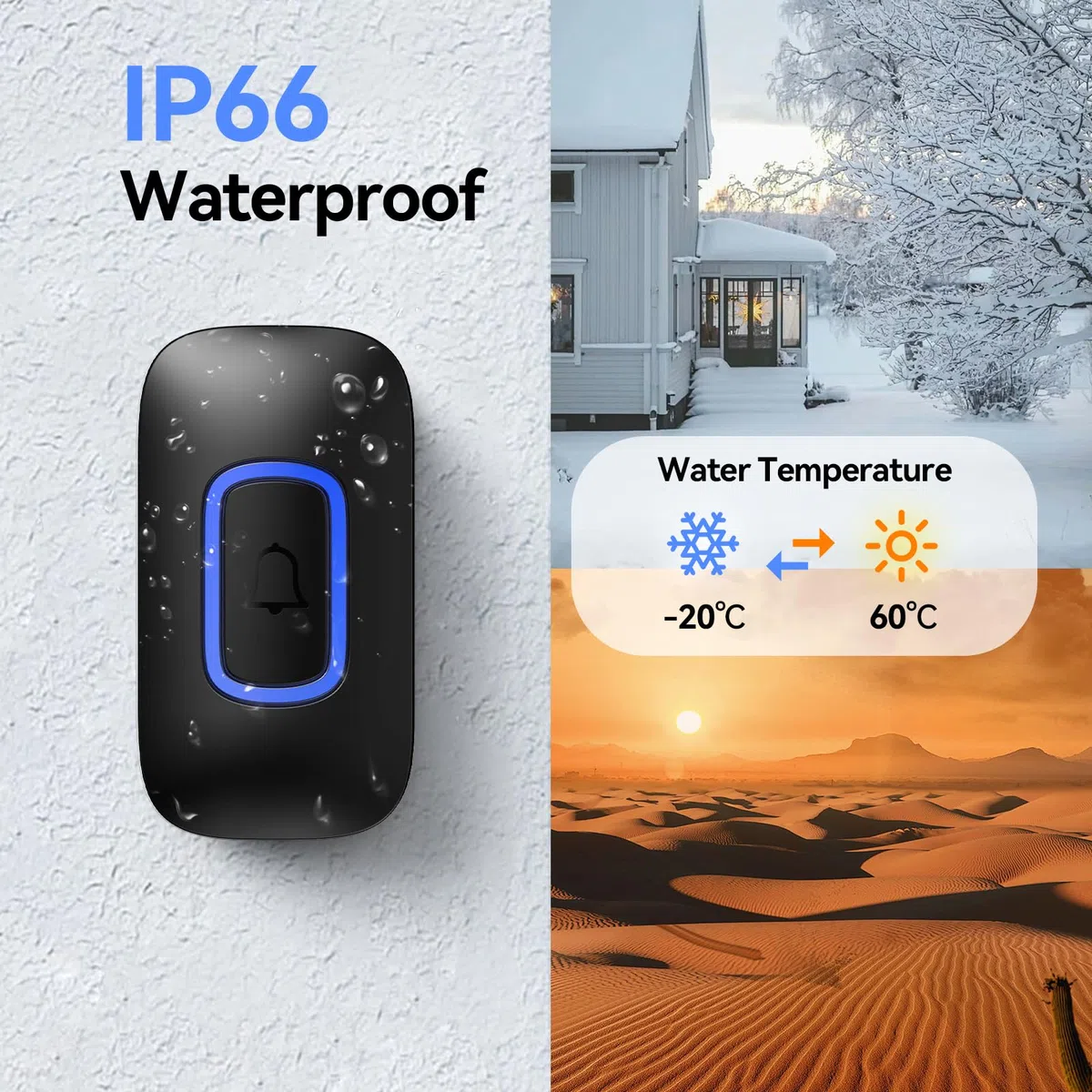TECKNET Campanello senza fili, campanello a scatto con luce RGB, kit di campanello per porta wireless portatile impermeabile IP66, portata wireless 400 m, 60 campanelli e volume a 5 livelli (nero)
