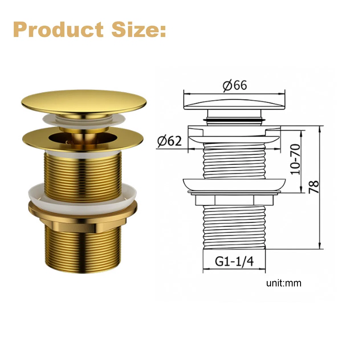 Piletta Click Clack per Lavabo Senza Troppo Pieno, Sifone Pop Up con Filtro Antiotruzione, Finitura Ottone Antico Dorato, Universale per Lavabo e Bidet, Misura Filetto G1 1/4 Pollice